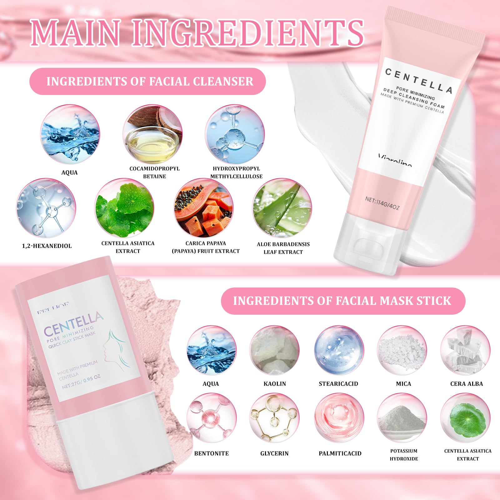2 Pezzi Centella Detergente Viso + Maschera per Argilla, Kit Centella Asiatica, Madagascar CENtella Skincare, Riduce i Pori, Clay Stick CEntella Ampoule Foam, Adatto a Tutti i Tipi di Pelle