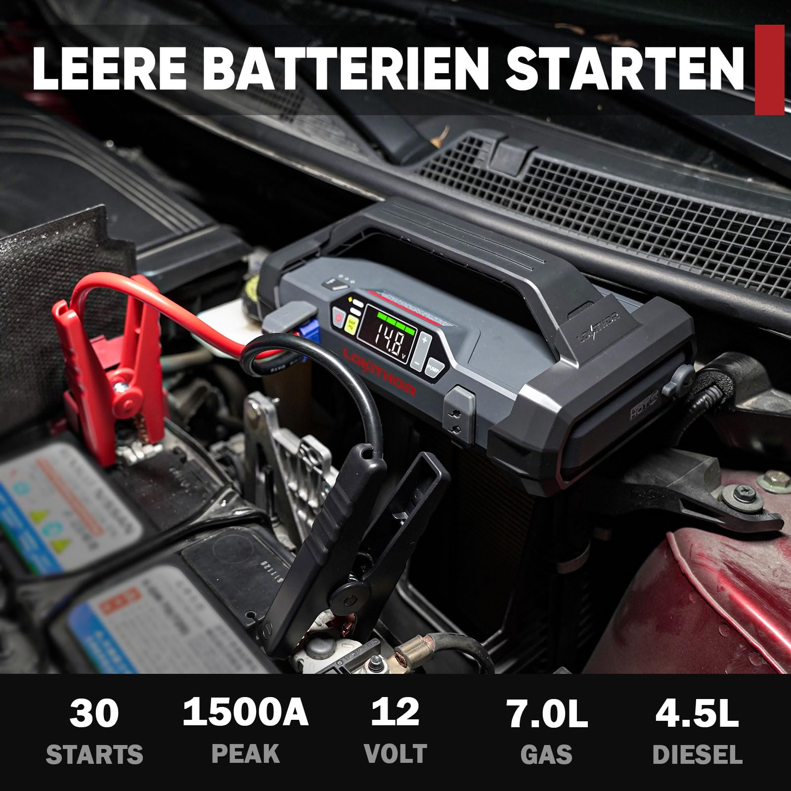 LOKITHOR JA300 Starthilfe Powerbank mit Kompressor, 1500A 12V Autobatterie-Booster 18000 mAh Jump Starter mit Luftpumpe für bis zu 7,0L Benzin oder 4,5L Diesel 150 PSI Reifenfüller mit Digitalanzeige