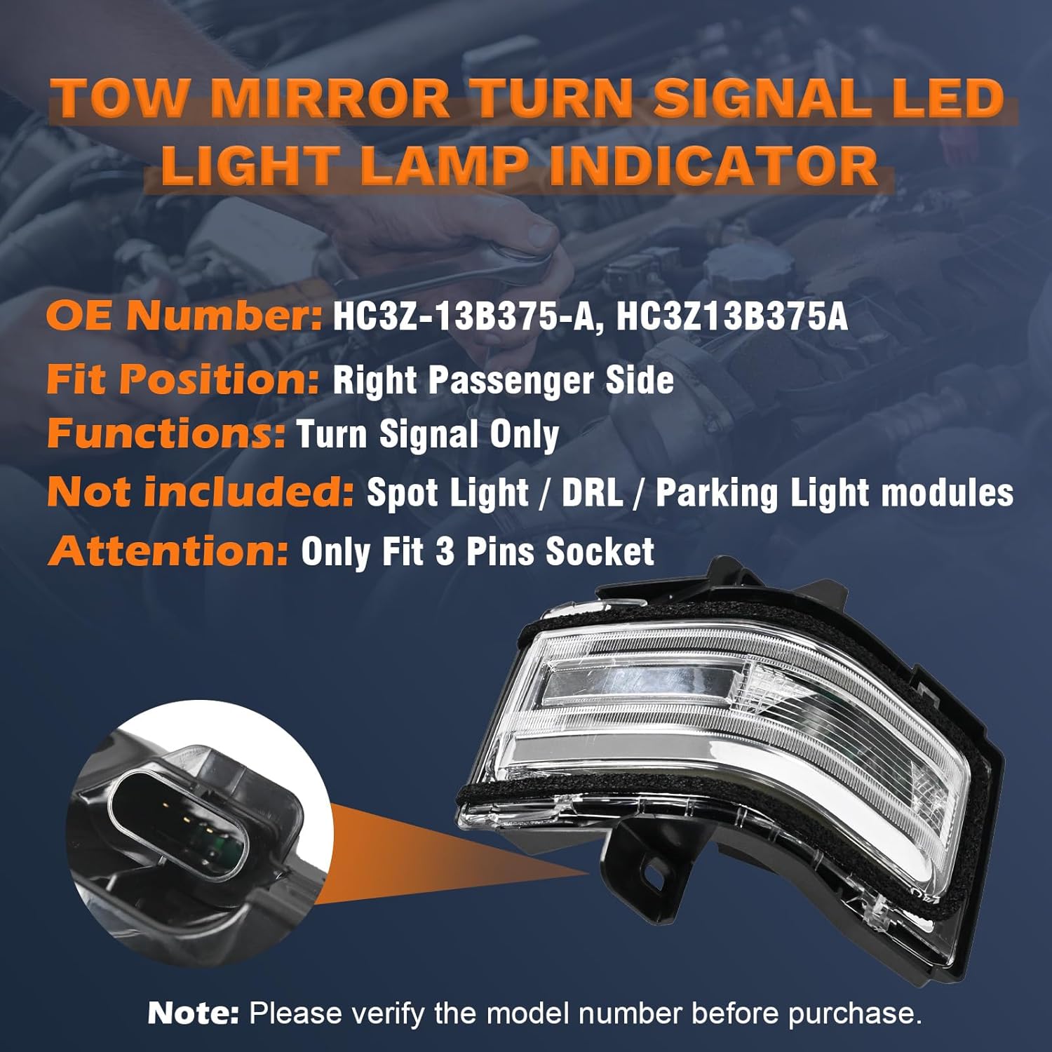 Tow Mirror Turn Signal LED Light Lamp Indicator Compatible with F250 F350 F450 F550 Super Duty 2017-2026 Replace HC3Z-13B375-A Passenger Right Side