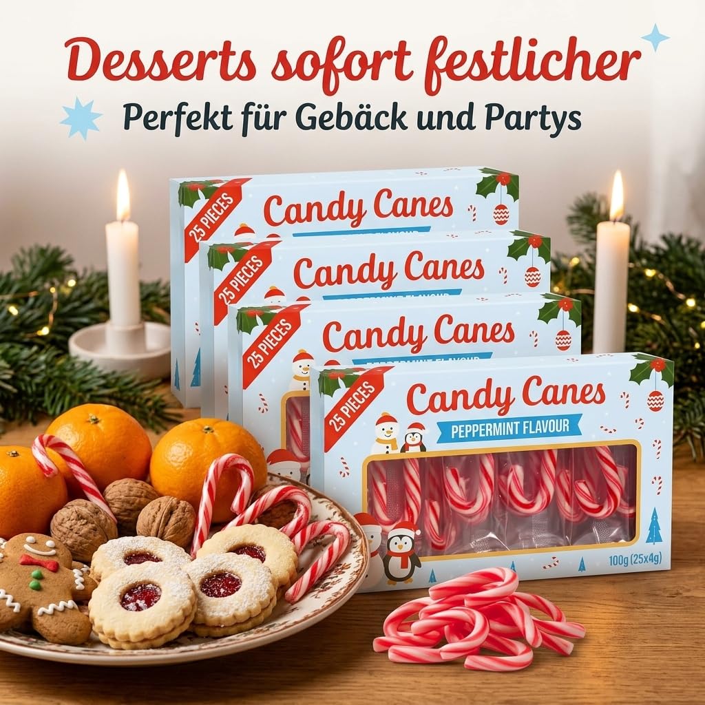 Zestaw 4 opakowań upominkowych na Boże Narodzenie z czerwono-białymi patyczkami cukrowymi Candy Canes o smaku truskawkowym, dekoracja bożonarodzeniowa, dekoracja choinkowa, 4 x 50 g, łącznie 40 sztuk