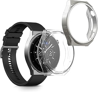 حافظة حماية سيليكون متوافقة مع ساعة هواوي GT3 برو (46 ملم)، حافظة حماية لتتبع الأنشطة من كيه دبليو موبايل، لون شفاف/ فضي (قطعتين)