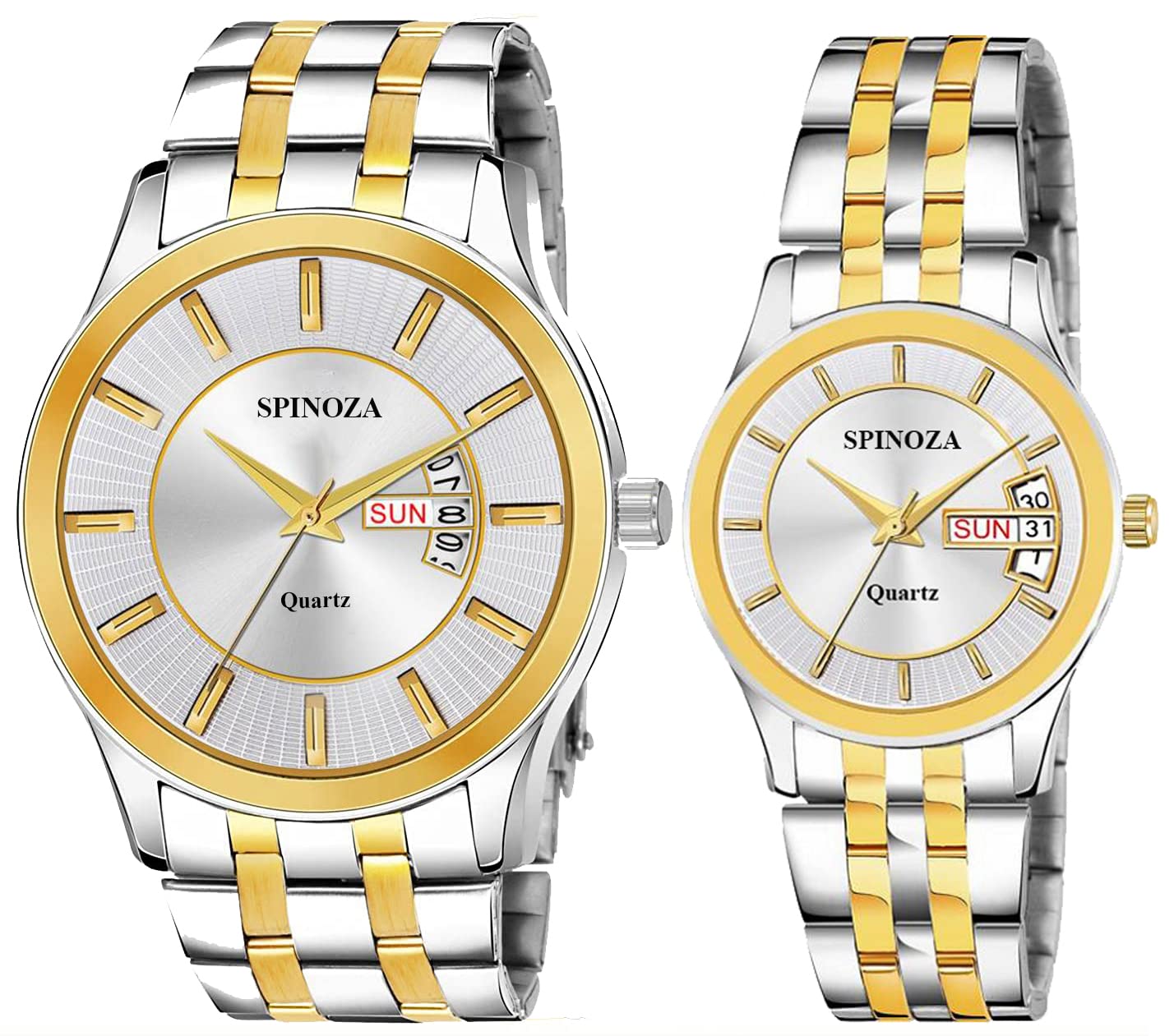 SPINOZA Fashionable long lasting Silver gold plated day&date showing analog couple watch-(PO2).(P_C_B_9025) (Silver) (B0C1ZW61X1) Amazon Price History, Amazon Price Tracker