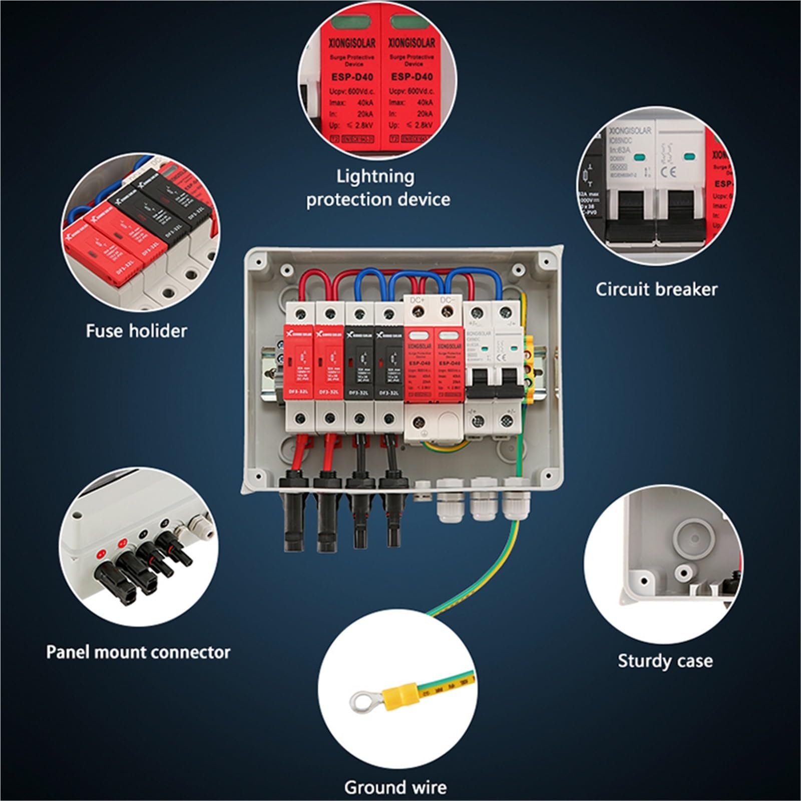 Quadro di combinazione fotovoltaico solare con protezione contro i fulmini, 2 ingressi, 1 uscita, DC 600 V, fusibile MCB SPD, scatola impermeabile a 2 stringhe, IP65(16A DC MCB)