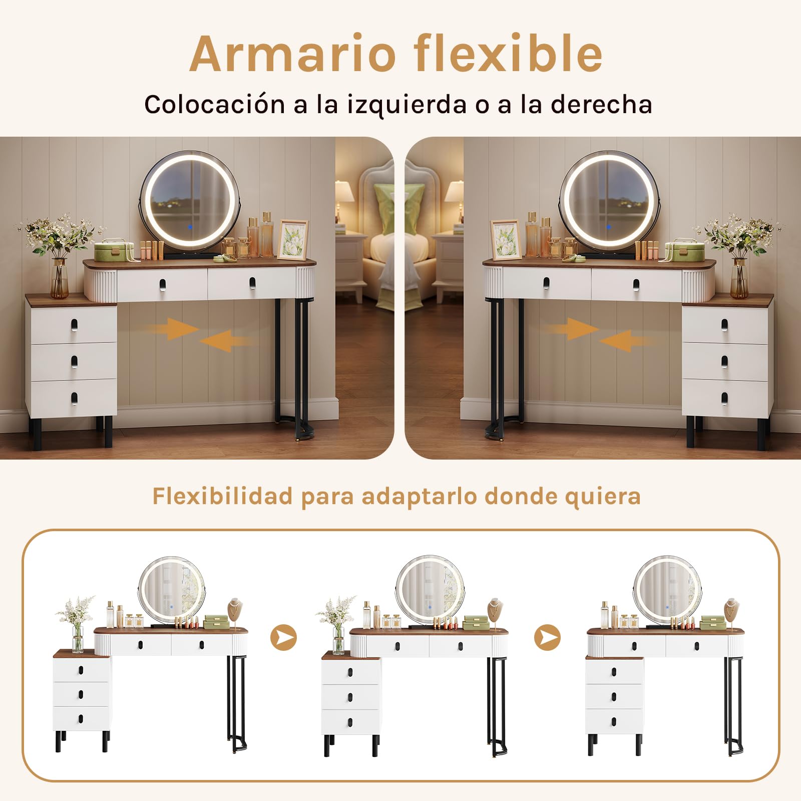 WOLTU Tocadores Maquillaje, Mesa tocador, con Espejo Redondo, Luz Regulable en 3 Niveles, Tocador con Cajonera de 5 Cajones, Marrón Naranja, MB6109hdob