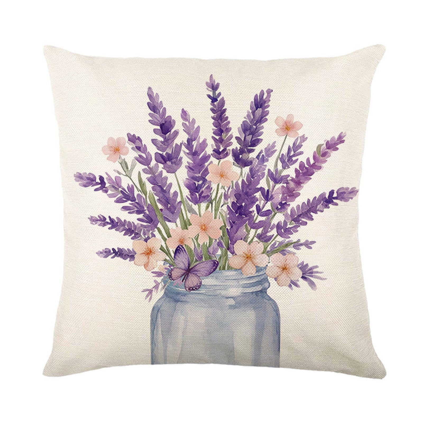 Cushion Covers 40cm x 40cm Purple Butterfly Flower Decorative Pillows Linen Square Sofa Bed Cushions with Invisible Zipper Throw Pillow for Living Room Outdoor Pillowcases