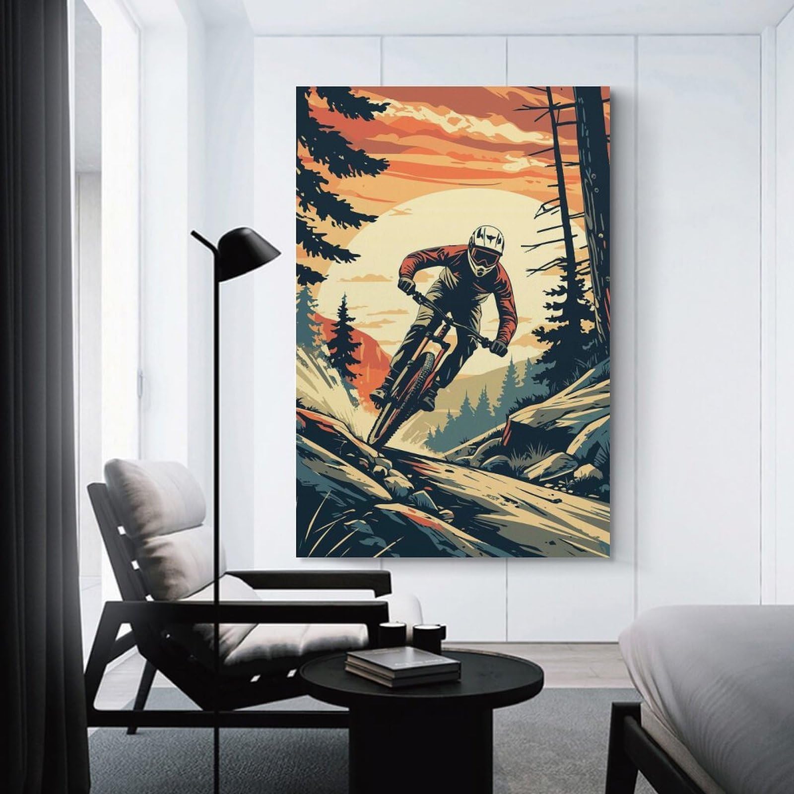 Junmoney Mountain Biker Downhill at Sunset Canvas Wall Picture 20x30inch(50x75cm), for Living Spaces, Bedrooms Or Relaxed Rooms, Modern Wall Decor for Cosy Interiors