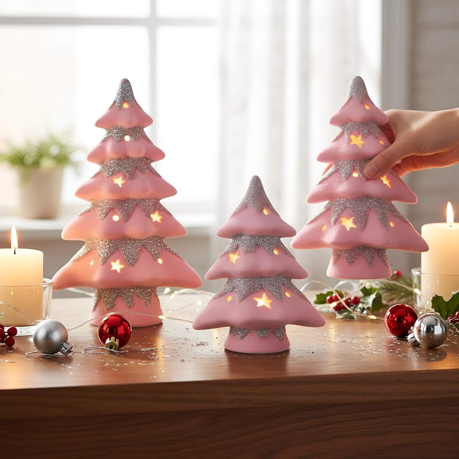 Bucherry 3 Pcs Velvet Ceramic Christmas Tree with Lights Christmas Table Decorations Pink Velvet Xmas Tree Hollowing Porcelain Tabletop Decor for Winter Home Mantle Tray Table Centerpiece