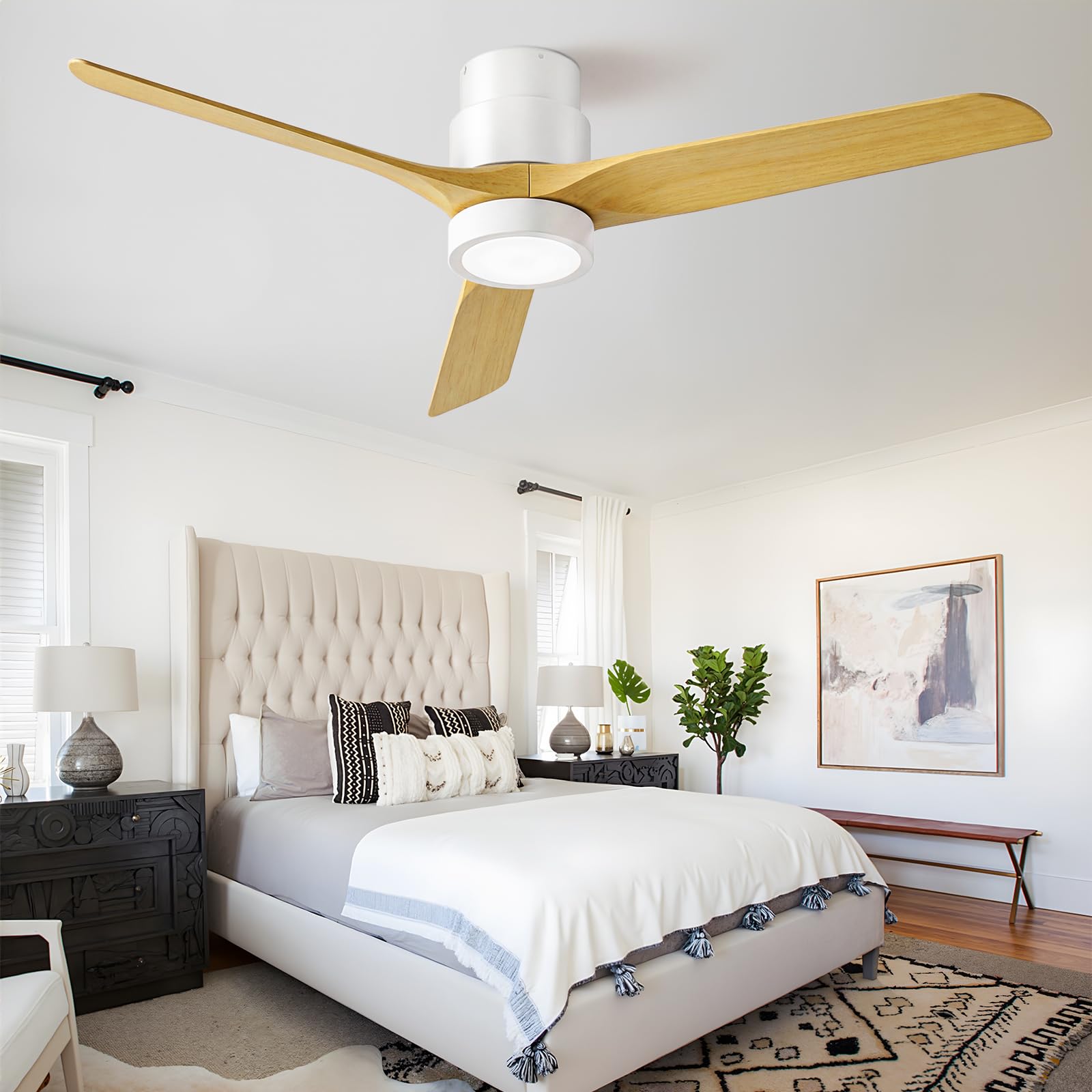 Ateroll Ventilatore Soffitto con Luce Ø132cm, Dimmerabile LED (3000K-6500K), Plafoniera con Ventilatore Telecomando 6 Velocità Timer Adatto per Letto/Soggiorno/Studio/Patio (Bianco)