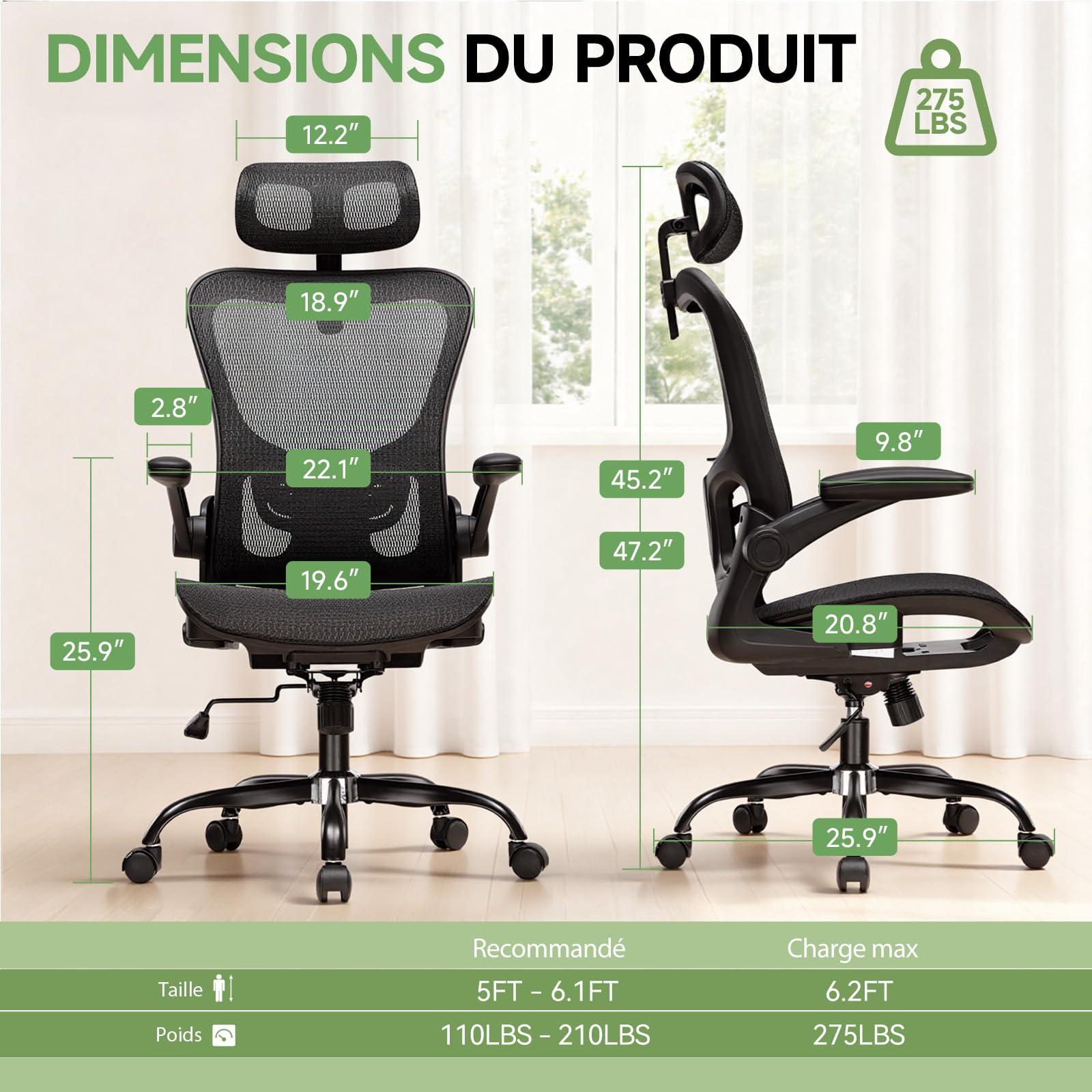 GTPLAYER Chaise de Bureau Ergonomique, Fauteuil avec Appui-tête Réglable, Accoudoirs Rabattables, Soutien Lombaire,Chaise de Gaming Fonction Bascule, Siège Rembourré en Maille Respirante,150 kg (Noir)
