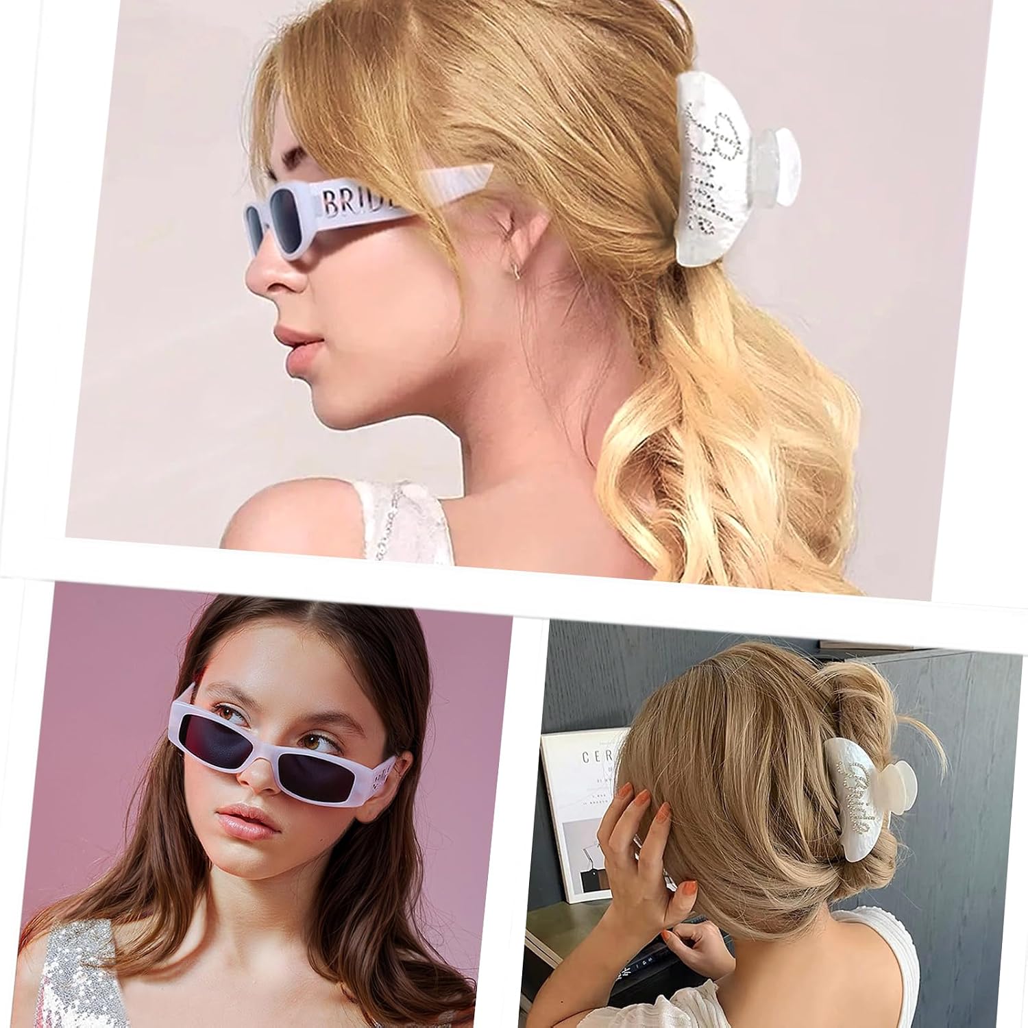 SHENYI Bride Sunglasses and Bride Claw Clip - Bachelorette Party Set | White Marble Sparkle Sunnies, Bach Decor Bridal Shower