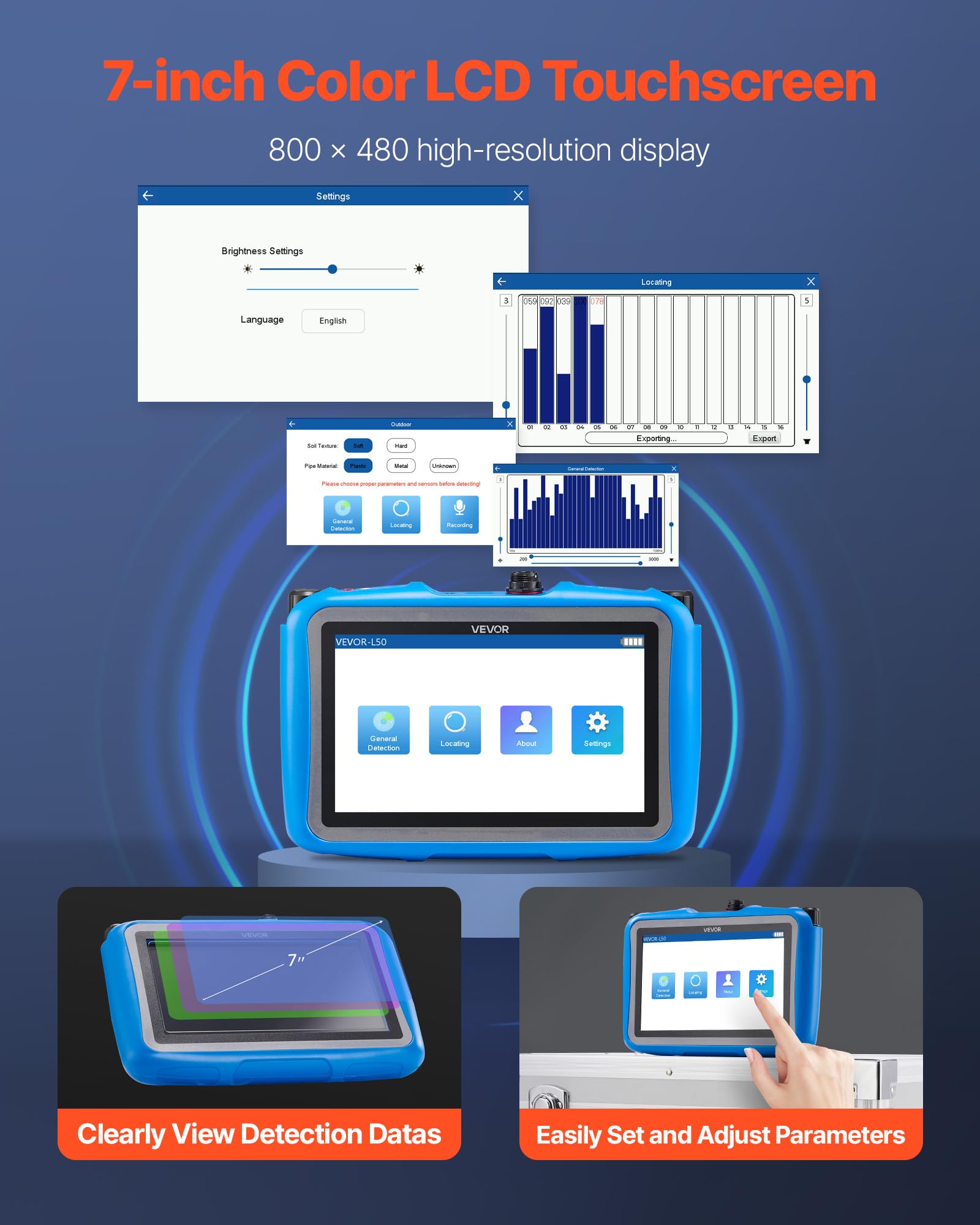 VEVOR Rohr-Wasserleckdetektor, 1 Hz–10000 Hz, 7-Zoll-Touchscreen, Ortungsgerät für Wasserlecks in Rohrleitungen mit horizontalen & vertikalen Sensoren, Kopfhörer, 8 GB SD-Karte & Tragetasche