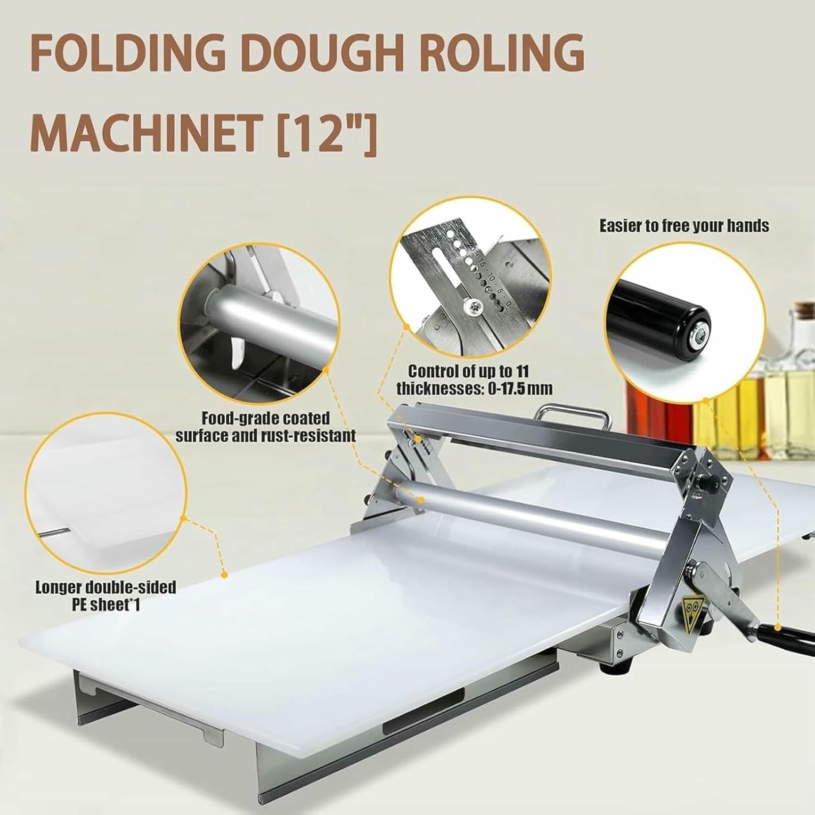 Rullo Sfogliatore Manuale per Pasta da Pasticceria, Sfogliatrice Pieghevole, Macchina in Acciaio Inossidabile con Spessori Regolabili, capacità di Livello Commerciale~/