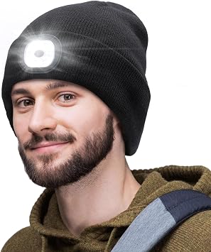 Gifts for Men, LED Beanie Hat with Light, Anniversary Birthday Gifts for Men Dad Him Husband Grandpa Boyfriend, Unisex Rechargeable Headlamp Knitted Cap Gifts, Camping Hiking Accessories Cool Gadgets
