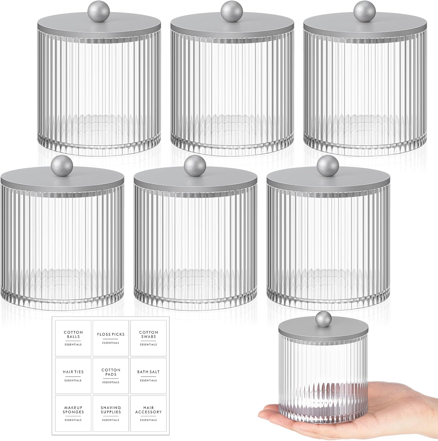 Yaomiao 6 Pcs Ribbed Bathroom Canisters Apothecary Jars with Silver Bamboo Lids and Label Stickers, 18 oz Plastic Canister with Fluted Design for Cotton Ball, Swab, Floss Picks House Storage Silver 6