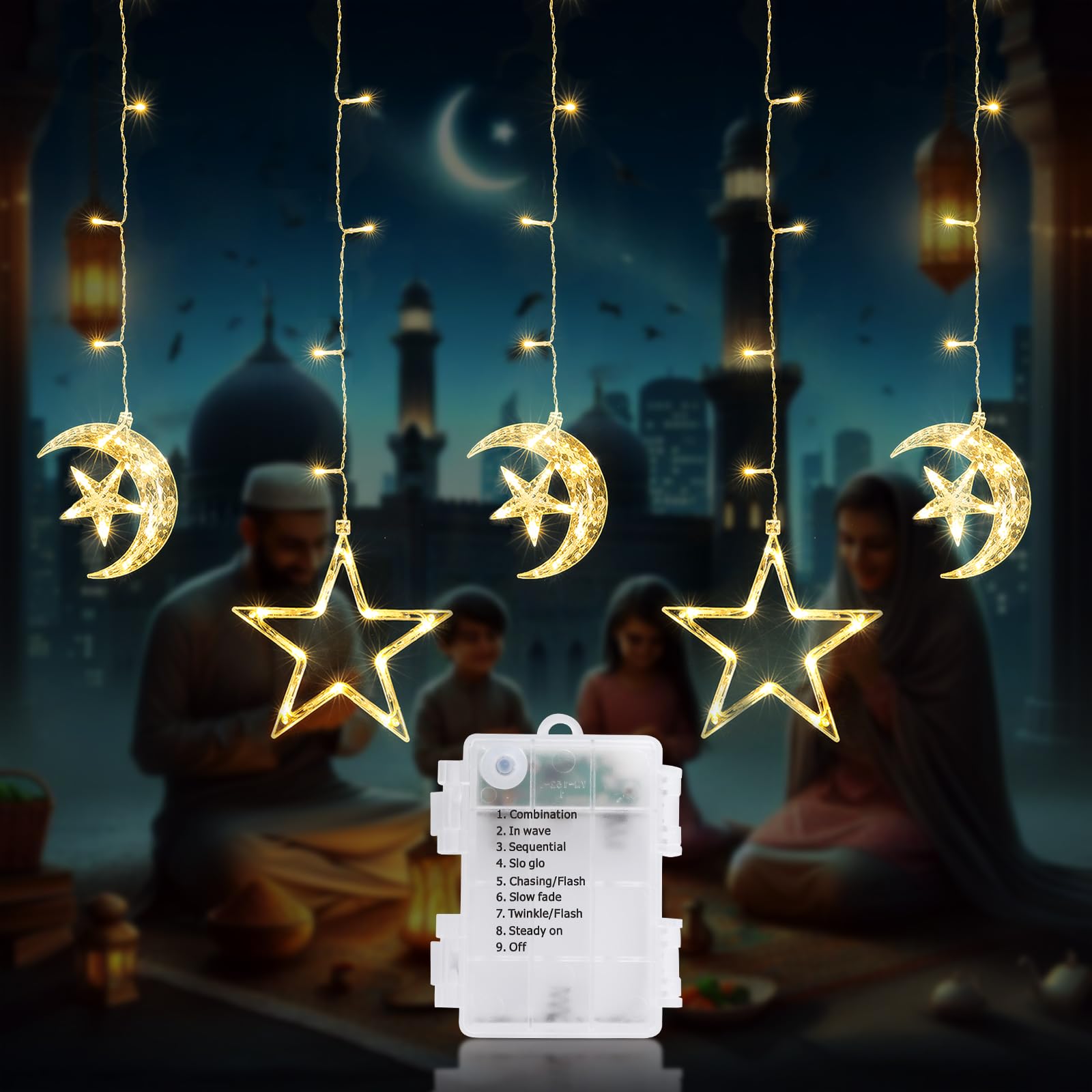 Quntis Ramadan Decorations Window Lights, 5Pack 69LEDs Star Moon Ramadan Christmas Lights, Battery Powered Star Moon Hanging String Lights with 8 Modes Perfect for Indoor/Outdoor Home Décor Warm White
