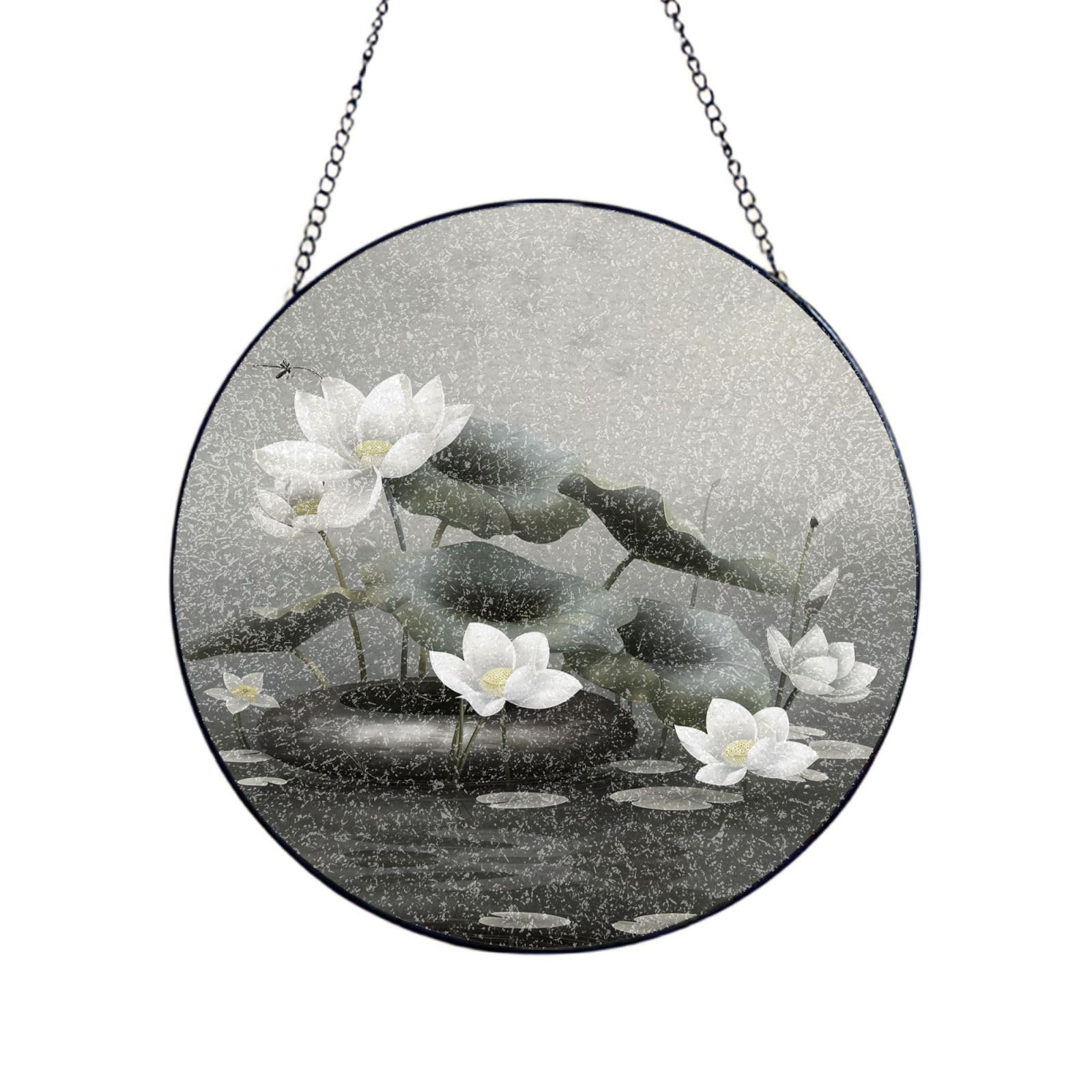 Phayah White Lotus Flower Print Stained Glass Window Hanging Sun Catchers Decoration Mother'S Day Birthday Gifts For Home Garden Porch 10in（25cm）