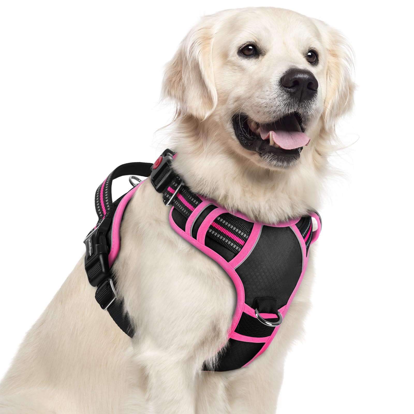 rabbitgoo Harnais pour chien de grande taille, anti-traction, 3 boucles, facile à mettre et à enlever | Rembourrage doux, poignée de contrôle, réglable et réfléchissant, noir et rose, taille XL