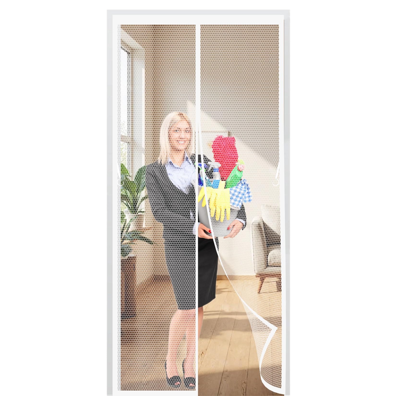 Magnetic Fly Screen Door 145 x 216 cm with Magnets, Magic Tapes, Polyester Screen Mesh Curtain Lets Fresh Air, Easy to Install for Patio Doors Bedroom, White