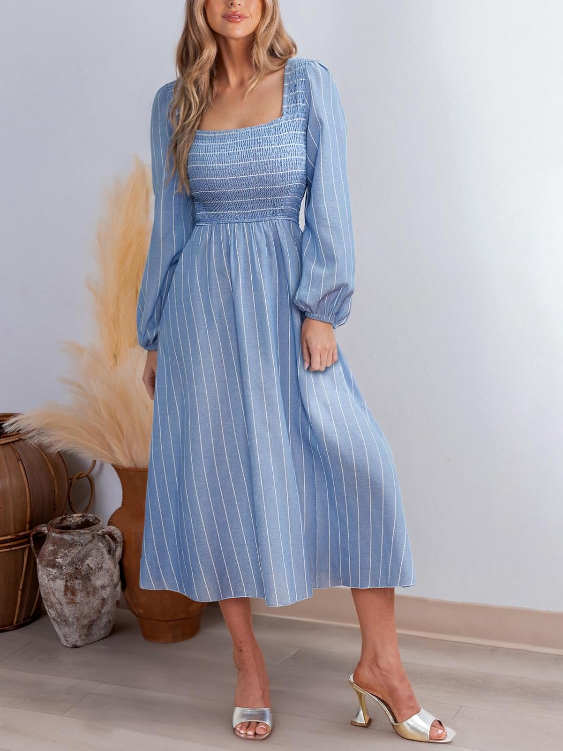 CUPSHE Women's Fall Dresses Long Sleeves Square Neck Striped Casual Outfits Smocked A Line Ruffled Flowy Midi Formal Dress - Image 4