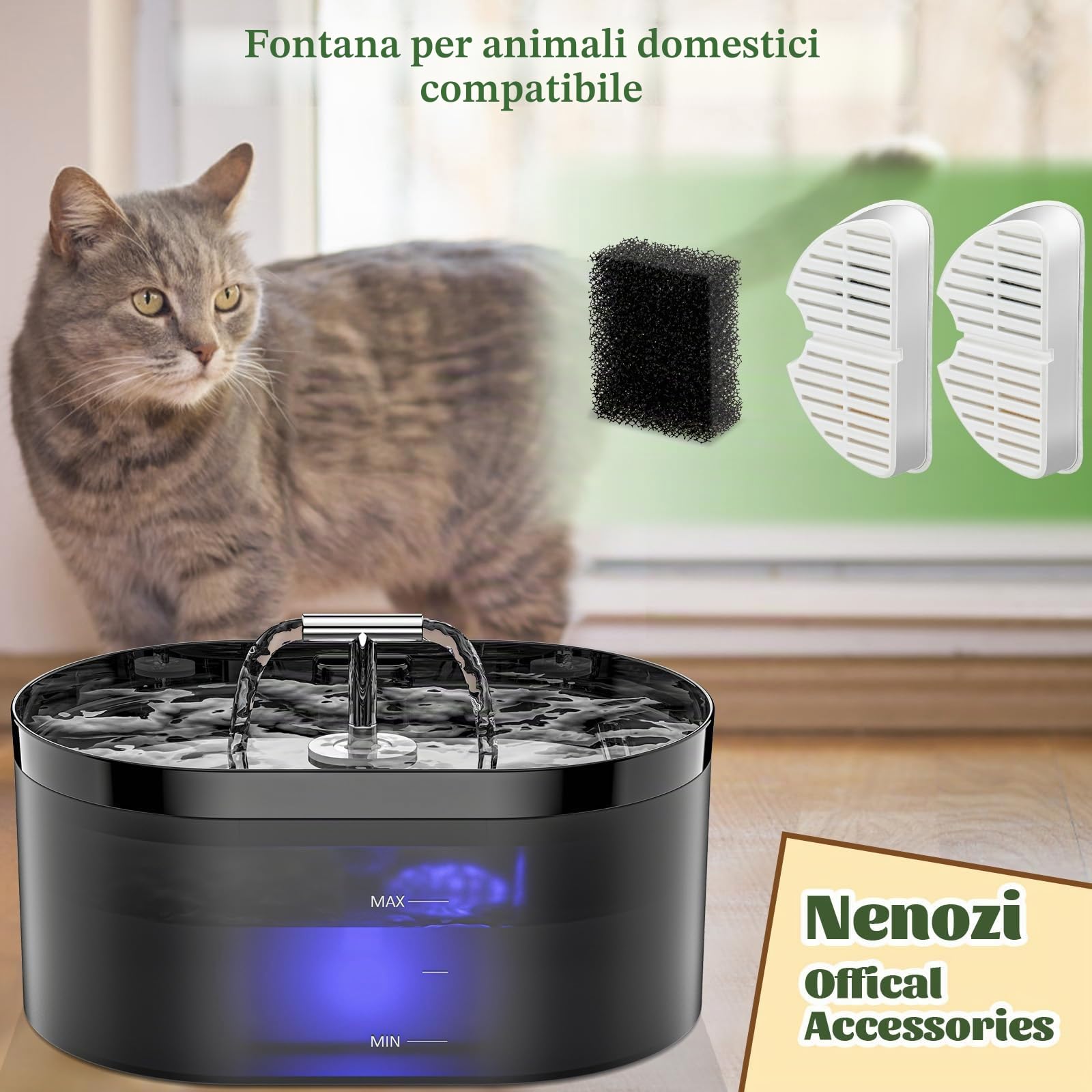 Filtri Cat Fountain 9 pezzi + 9 filtri in schiuma per gatti drinking Fountain, filtro capelli (sponge), filtrazione tripla (filtro)