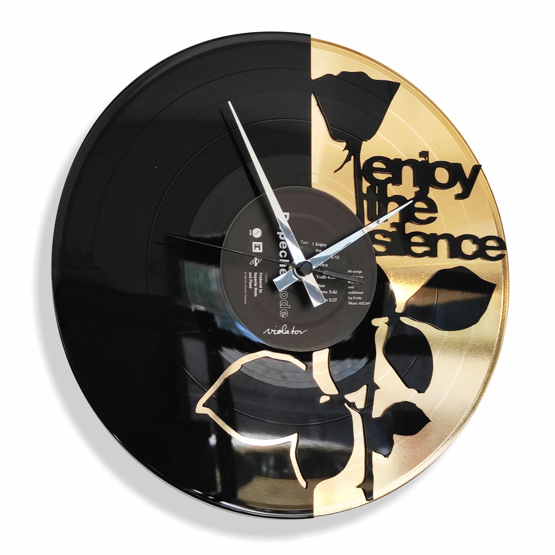 DISCOCLOCK - Orologio Enjoy the silence su disco in Vinile 100% Riciclato. Idea Regalo per tutti i fan. Orologio Silenzioso, Facile da Appendere (Double Decker ORO)