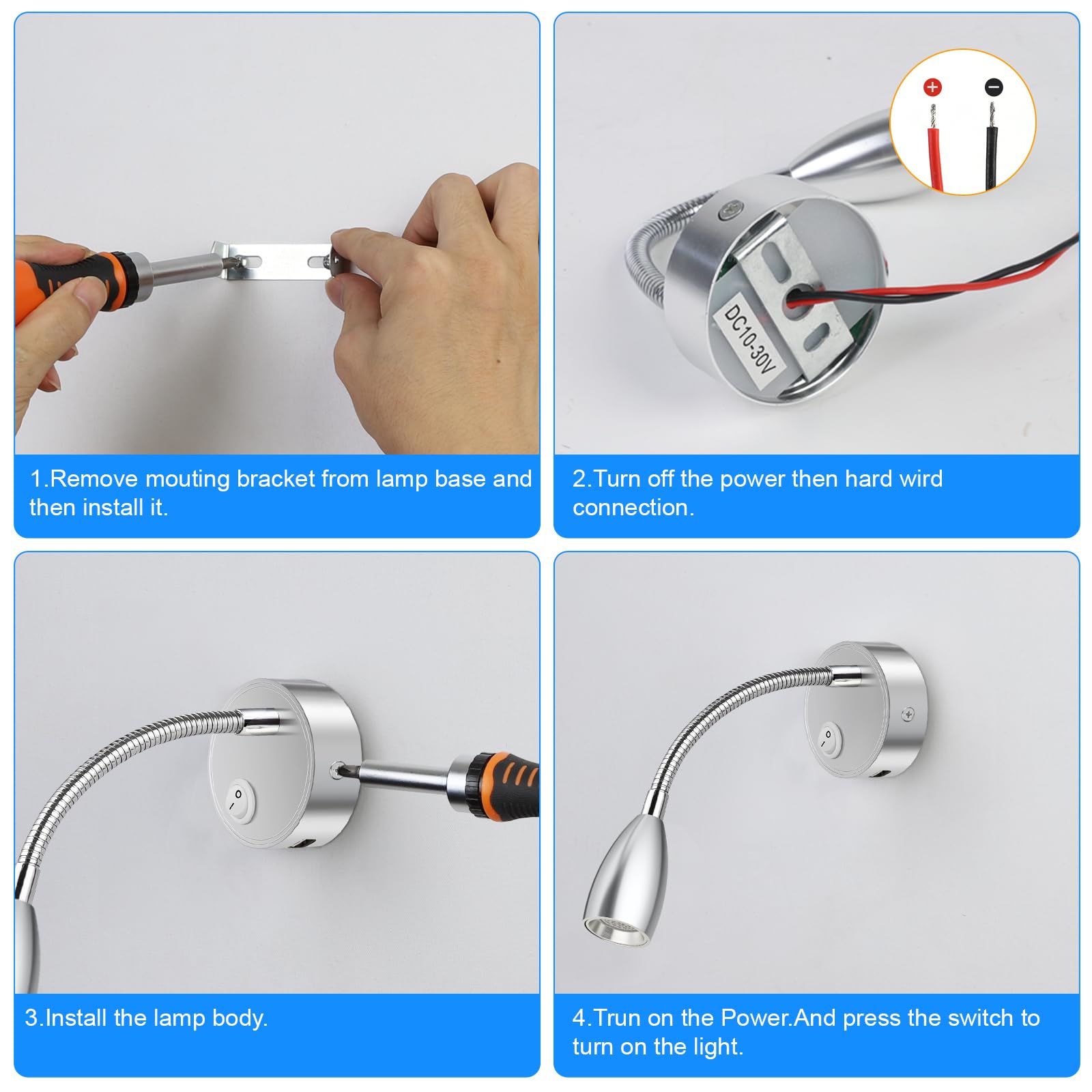 ERWEY 2er LED lampe de lecture 12V camping - car, 3W 3000k applique lampe de lit avec col de cygne flexible et port de charge USB pour bateau, yacht, voiture, éclairage intérieur de caravane, argent