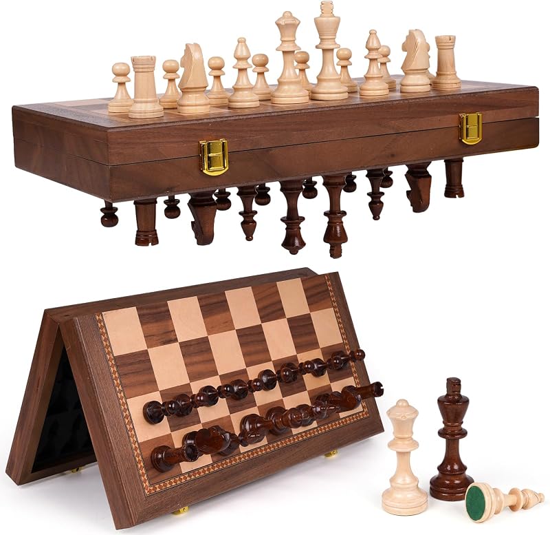 15 Inch Magnetic Chess Set with Wooden Folding Board, Staunton Chess Pieces, 2 Extra Queens Included, Portable Travel Chess Set, Classic Strategy Board Game for Adults (Walnut)