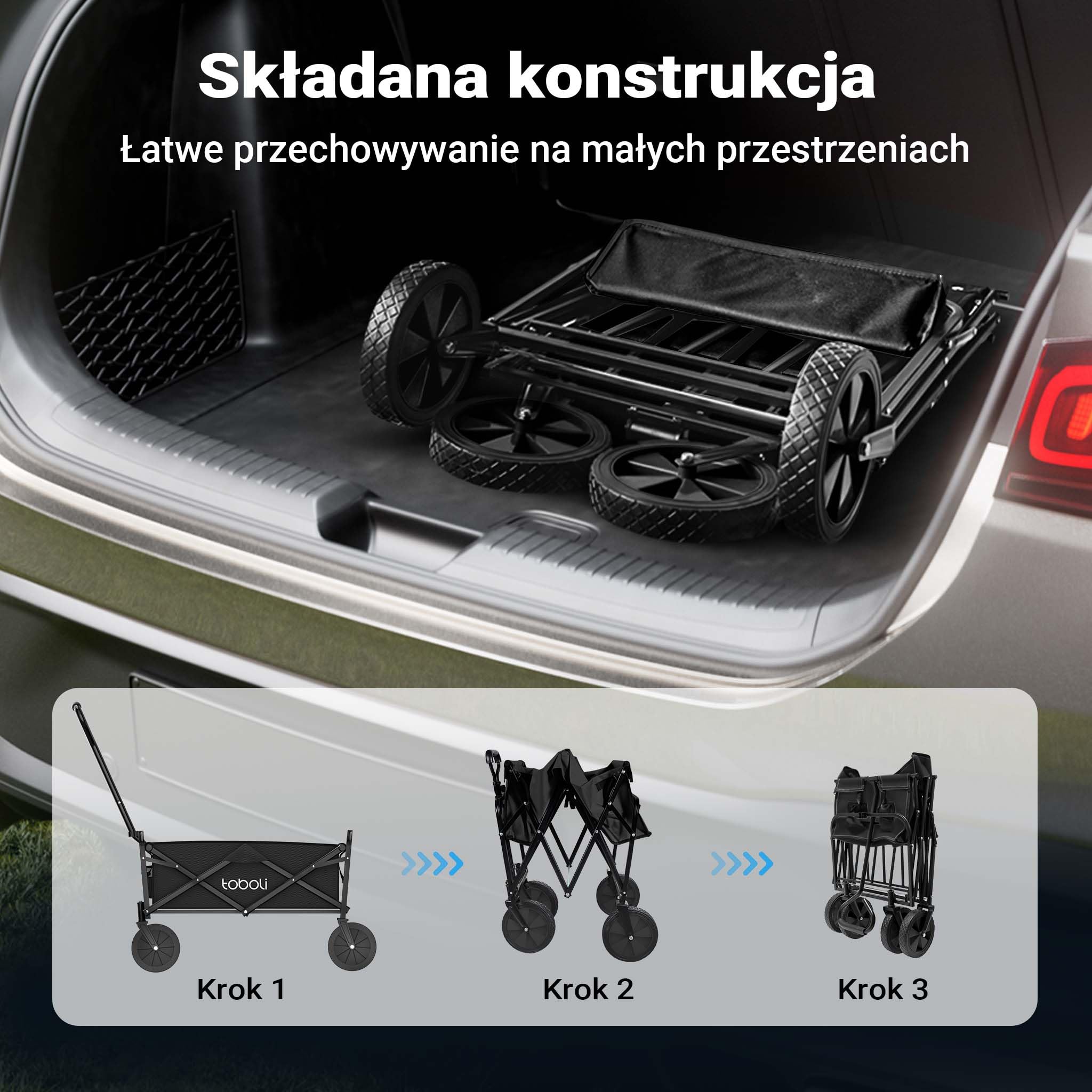 Składany wózek transportowy z uchwytem do 100 kg, kompaktowa przyczepka kempingowa i towarowa, solidny wózek plażowy, turystyczny i ogrodowy