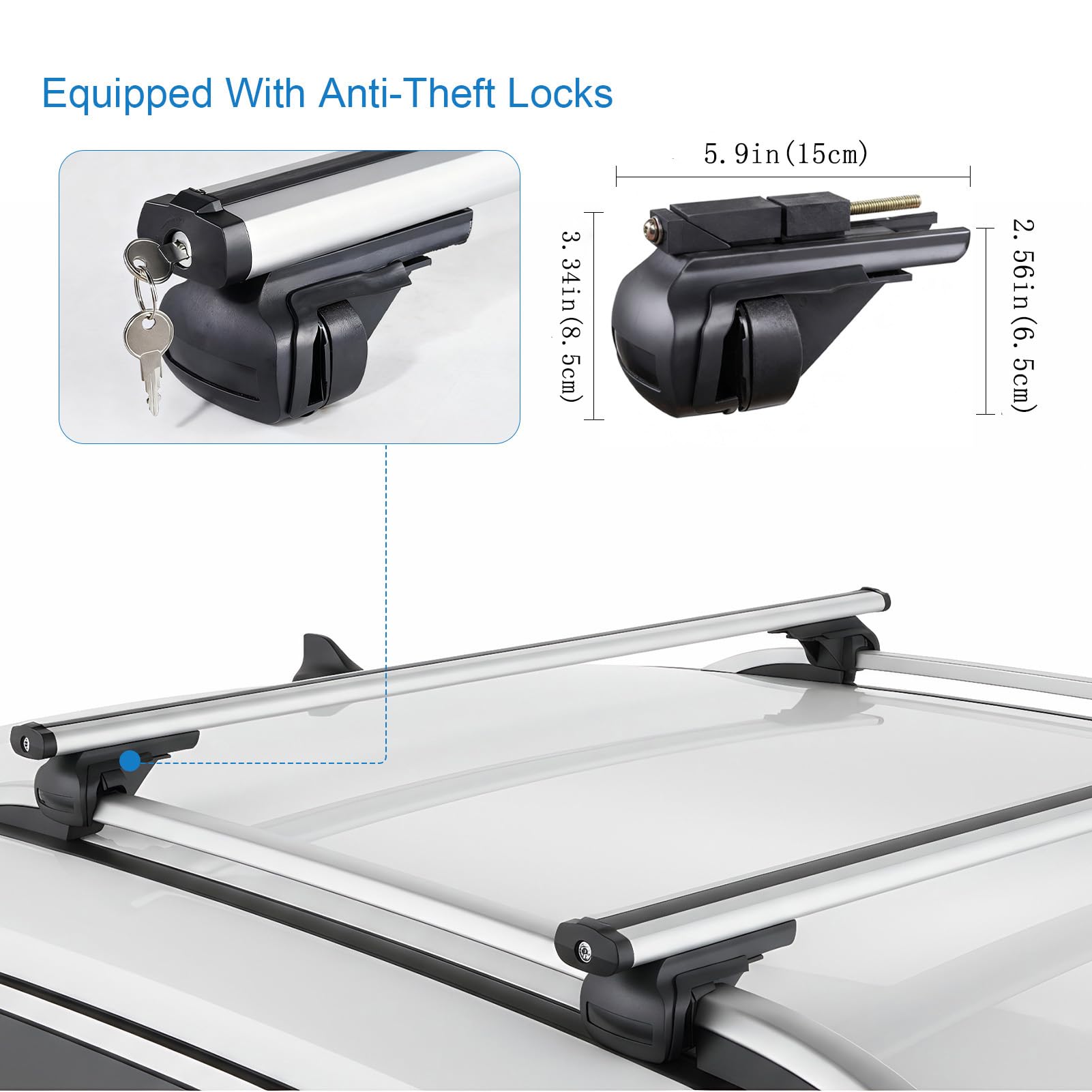 47,2" Barras Transversales Ajustables, Capacidad Carga 100kg, Baca Coche Universal Aluminio con Dispositivos Antirrobo, Portaequipajes para SUV con Rieles Laterales Elevados