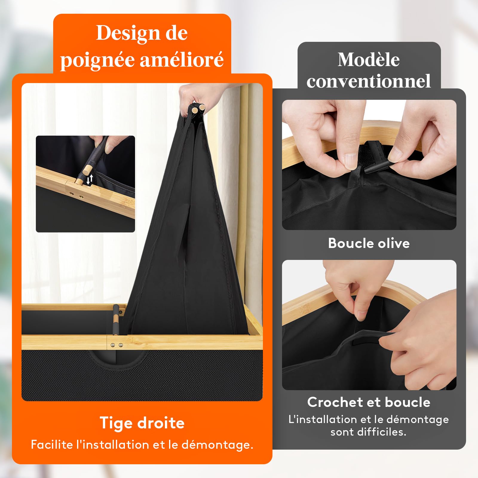 Panier à linge corbeille à linge bac à linge bambou pliable couvercle sac amovible 3 poignées PU 40L x 30l x 60H cm beige HOMCOM