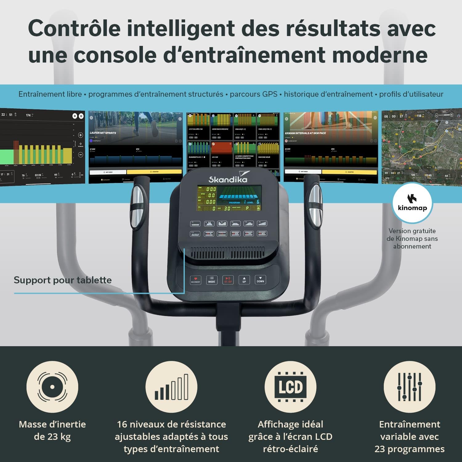 Skandika Vélo elliptique Carbon P23 | Vélo elliptique d'appartement, avec Inclinaison ou Pliable, Frein magnétique, connecté, Compatible Kinomap, Bluetooth, Max 135KG