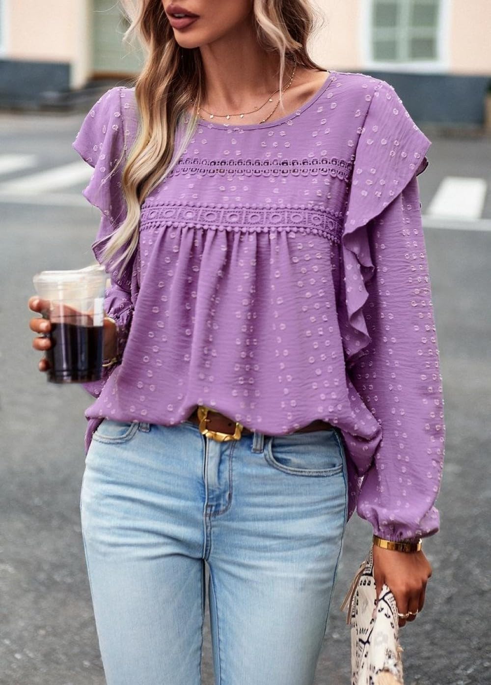 Chemisier Femme Chic Et Élégant,Chemisier Femme Chemises À Manches Longues Violet Solide Col Rond Bordure en Dentelle À Pois Volants Chemise Pull Plissée Élégante Chemise Décontractée Lâch