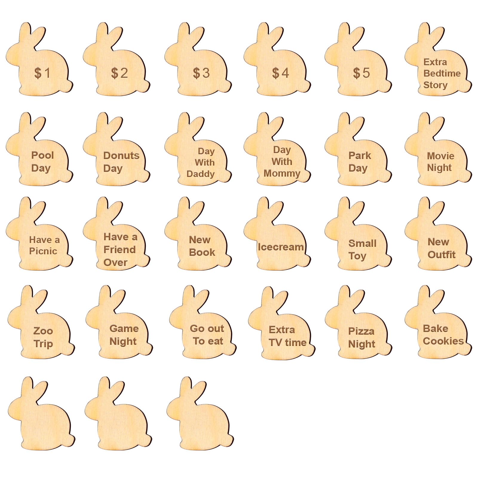 BABORUI Easter Egg Tokens for Kids - 27 Pack Wooden Bunny Easter Egg Tokens with 3Psc Blank Tokens, Natural Easter Eggs Rabbit Fillers, No Candy