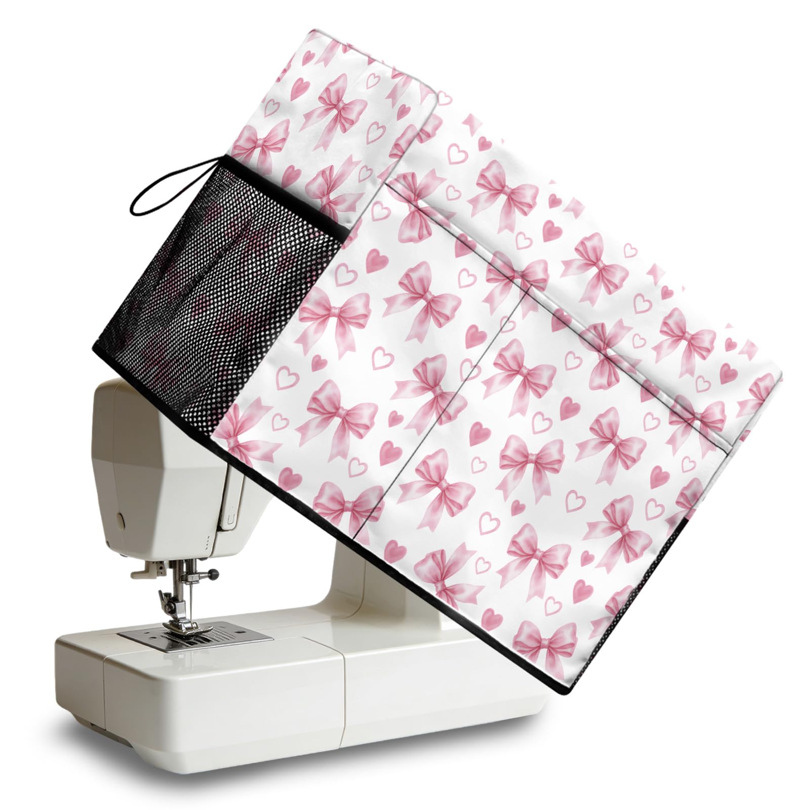Peacoblue Sewing Machine Cover with Storage Pockets,Pink Bow Sewing Machine Dust Covers for Standard Machines,Protective & Decorative Sewing Machine Case