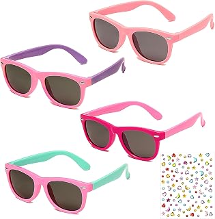 4 Pair Girls Sunglasses Set, Kids Sunglasses with Colorful Rhinestone Sticker Set UV Protection Polarized Baby Sunglass Retro Eye Glasses for Girls Kids Toddler Beach Party Travel