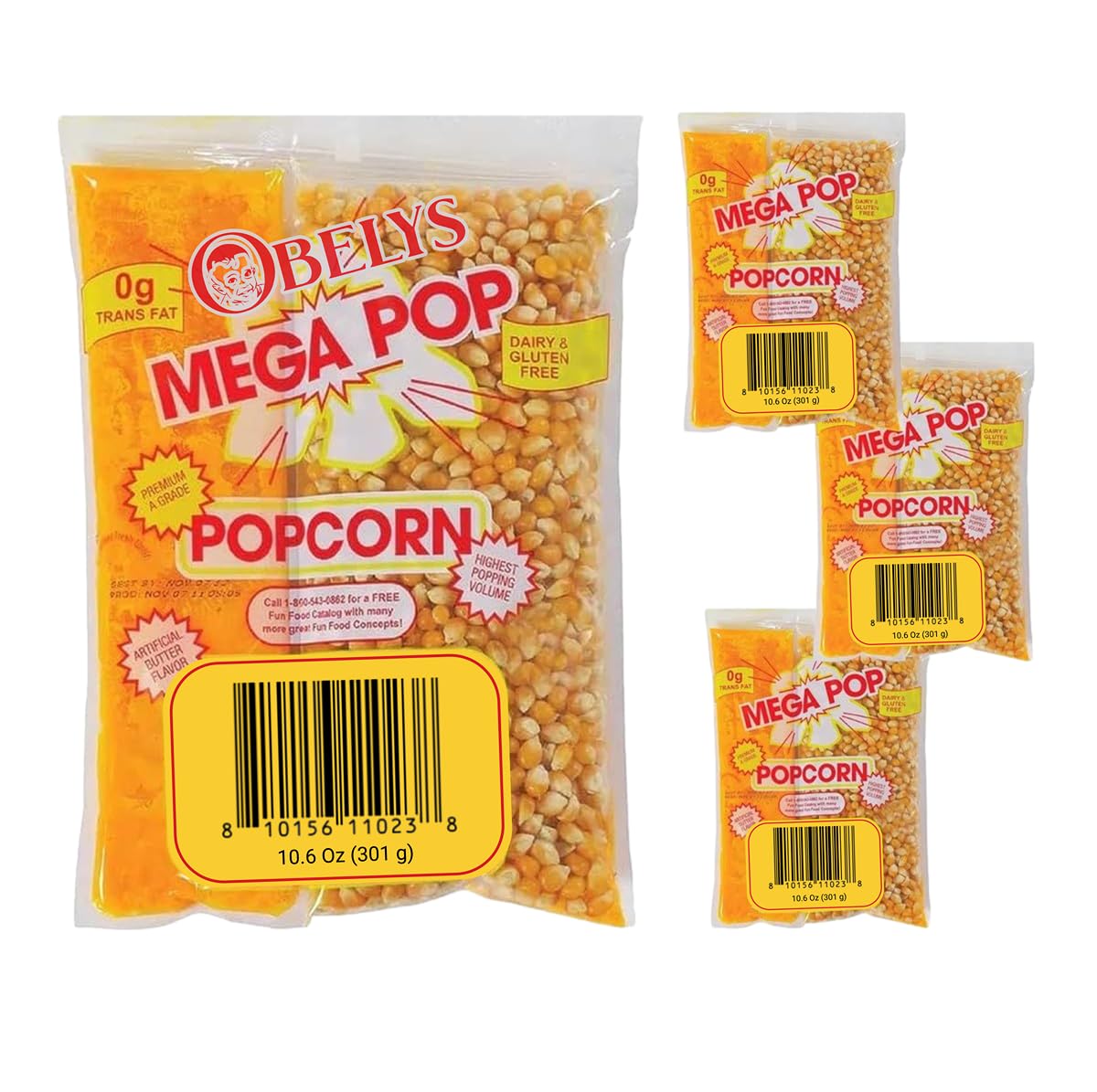 Mega Pop Popcorn Kit - Premium A Grade Popcorn 10.6 Oz per Pack - For Moive Nights, Parties and Other Events - Pack of 4