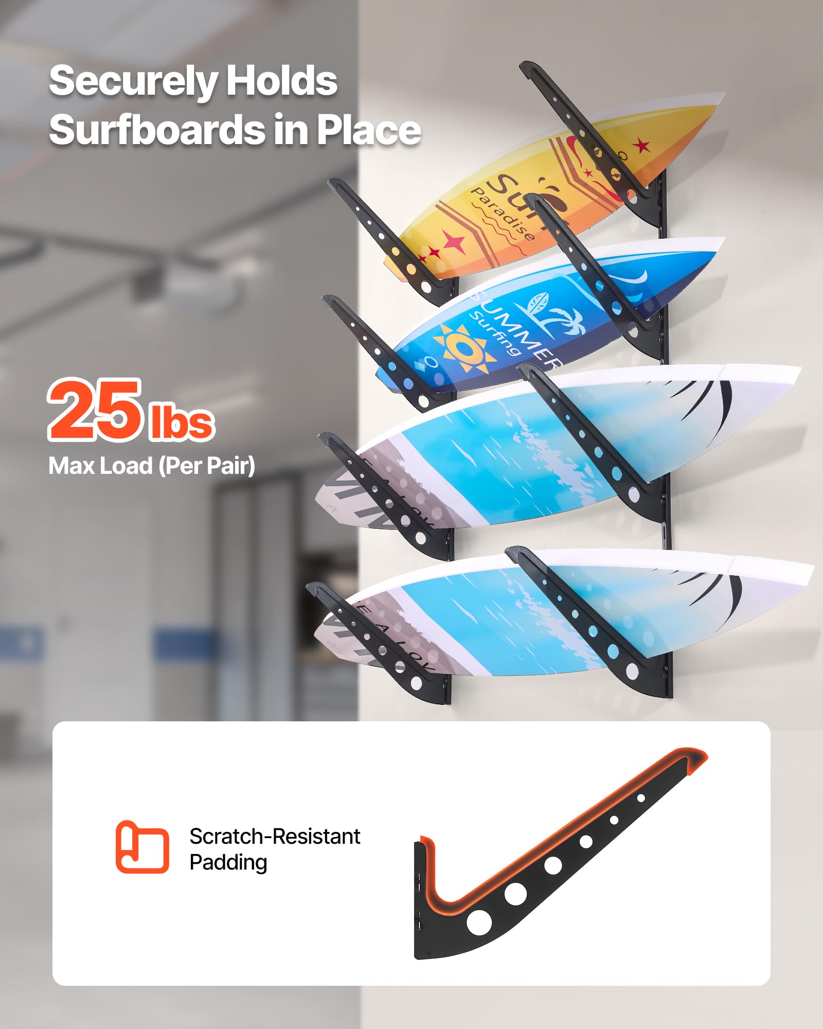 VEVOR Soporte de Pared para Tablas de Surf, Soporte Horizontal para Tablas de Surf de 4 Niveles para Almacenamiento y Exhibición, Organizador Ajustable para Kiteboards, Esquís y Snowboards, Negro