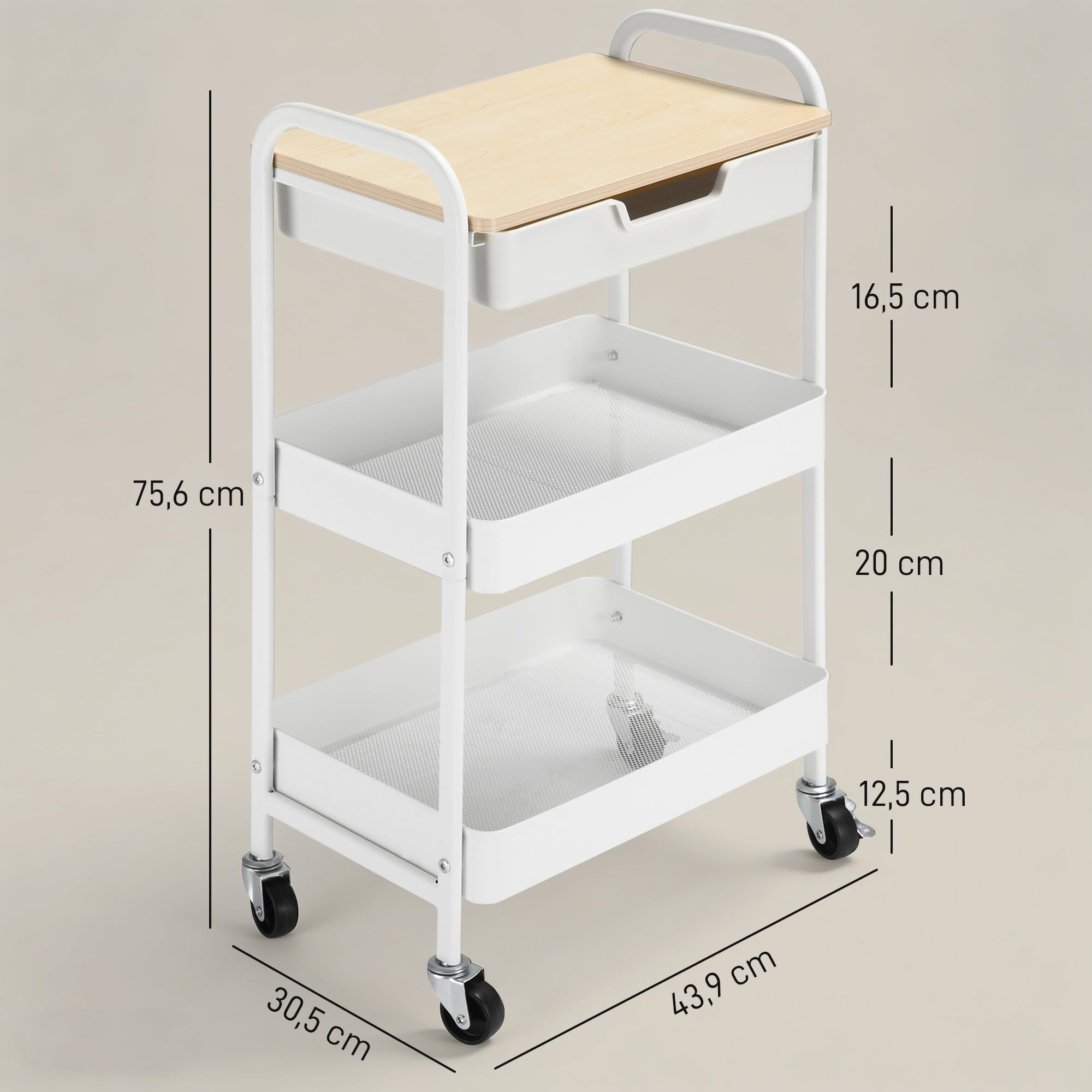 HOMCOM - Carro de Servicio para Cocina, 2 estantes cajón, Bandeja de Madera, Acero PP, Color Blanco