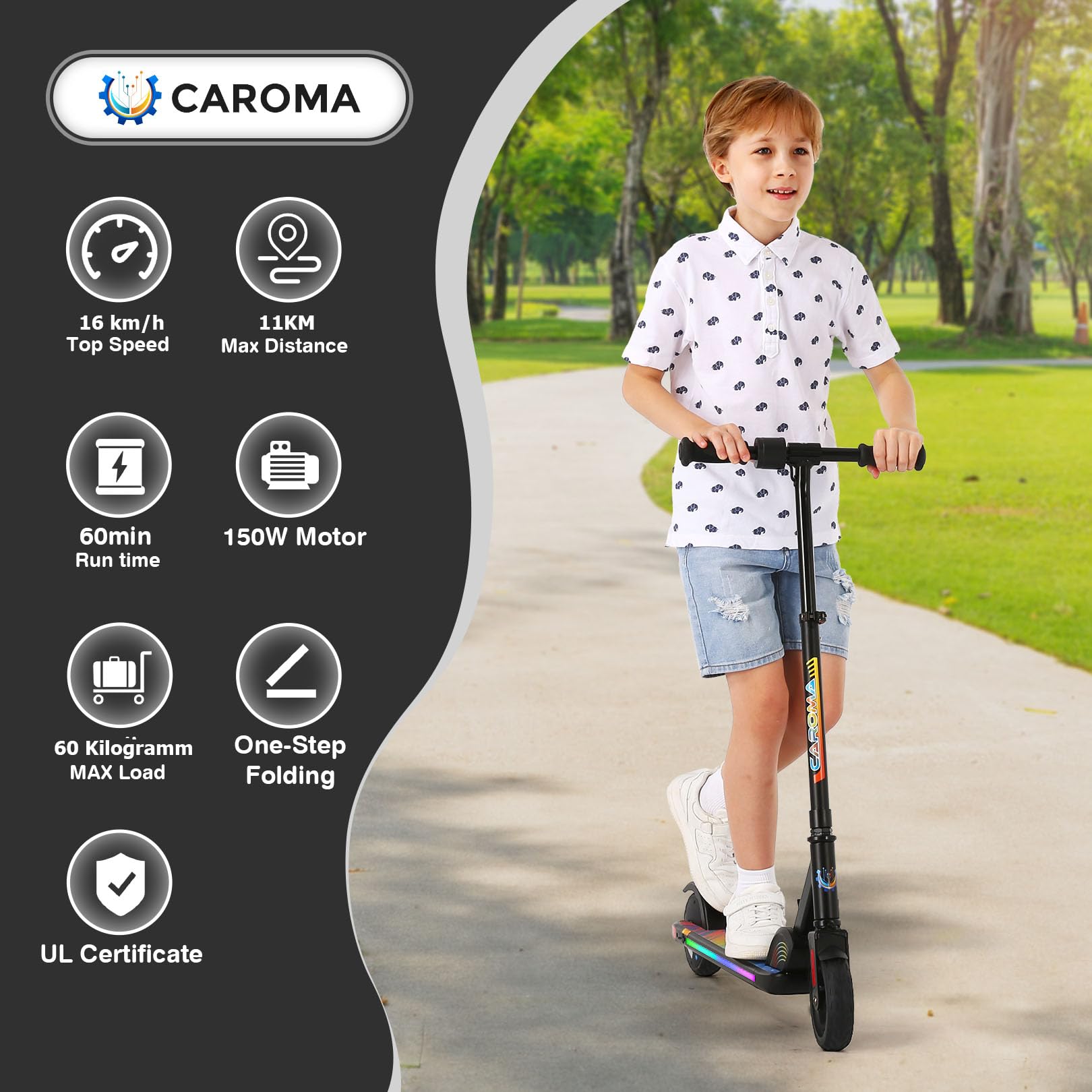 CAROMA Trottinette Electrique(8-10-12Ans), Trottinette électrique Pliable pour Enfants, Autonomie Max 6 KM, Max 16 KM/H, Moteur 150W, Vitesse et Hauteur Réglables, Cadeau pour Enfants et Adolescents