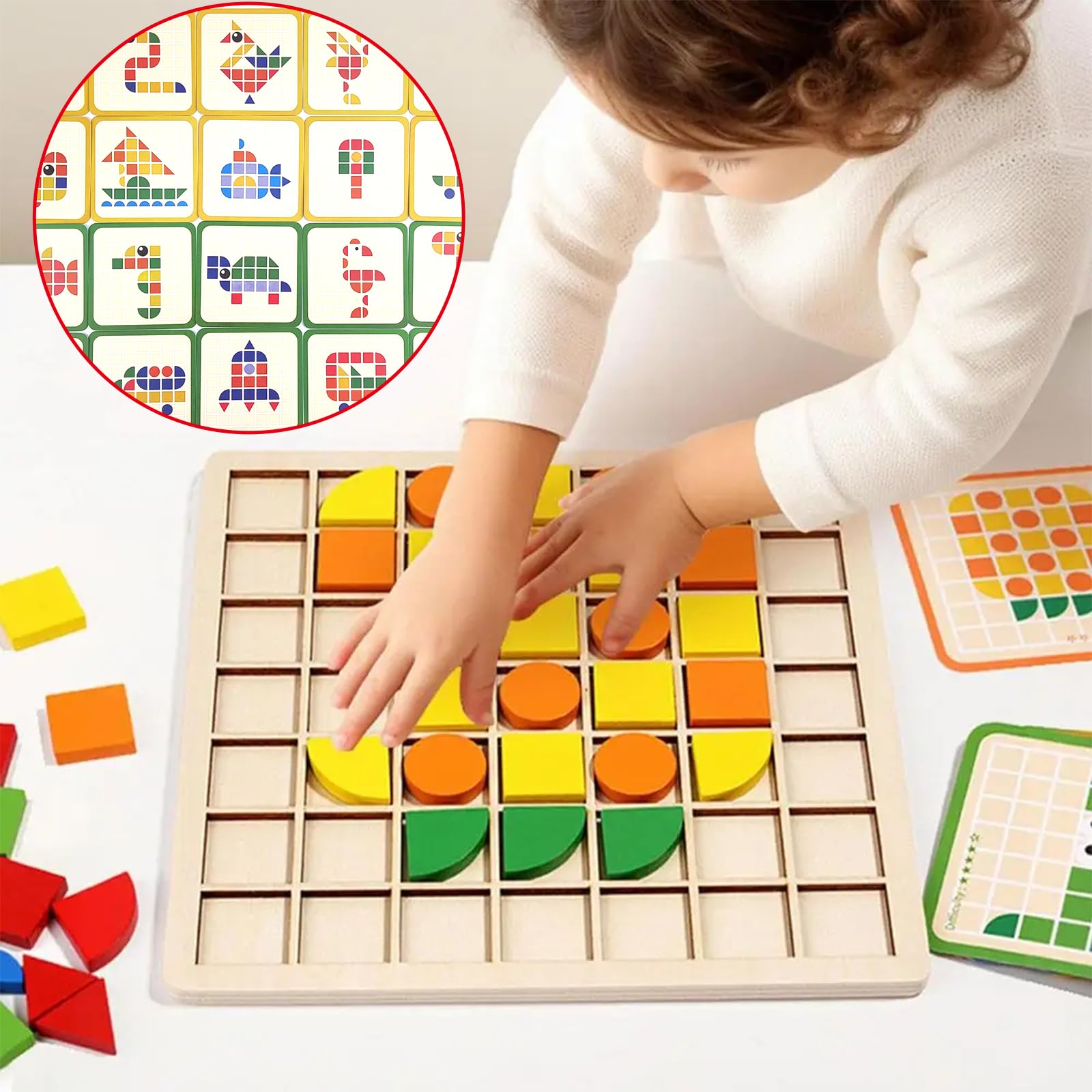 Tangram Drewno, edukacyjna gra mozaikowa dla dzieci 3-6 lat, puzzle kolorów i kształtów, 140 sztuk, 20 kart, gry Montessori, prezent urodzinowy
