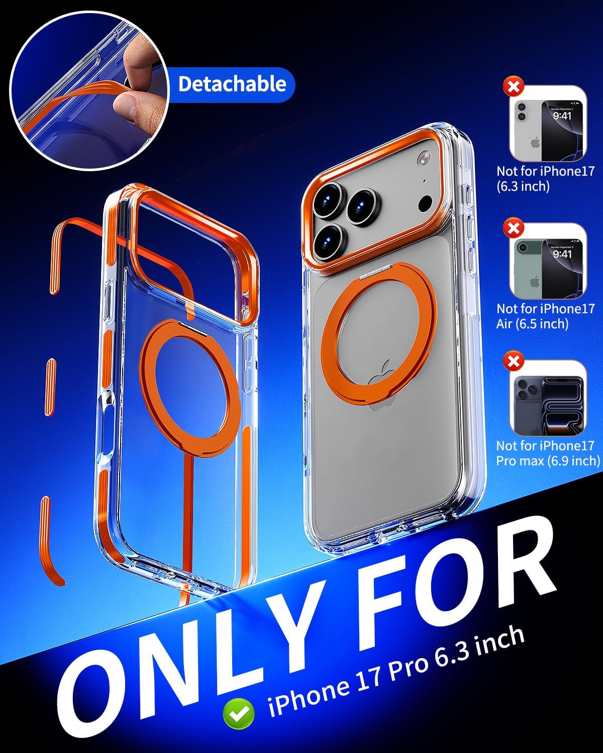 Magnetic for iPhone 17 Pro Case with 360° Spin Stand, Compatible with MagSafe, Military-Grade Protection, Detachable Strip, Anti-Yellowing Clear Phone Case for iPhone 17 Pro 6.3" Orange