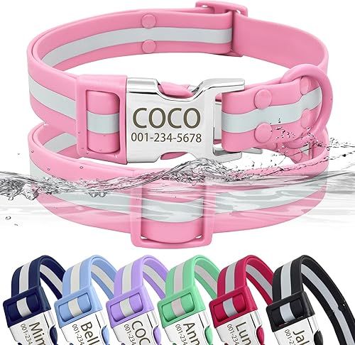 Collar de perro personalizado impermeable y reflectante con placa de nombre, collar de perro de PVC fácil de limpiar con hebilla grabado nombre y