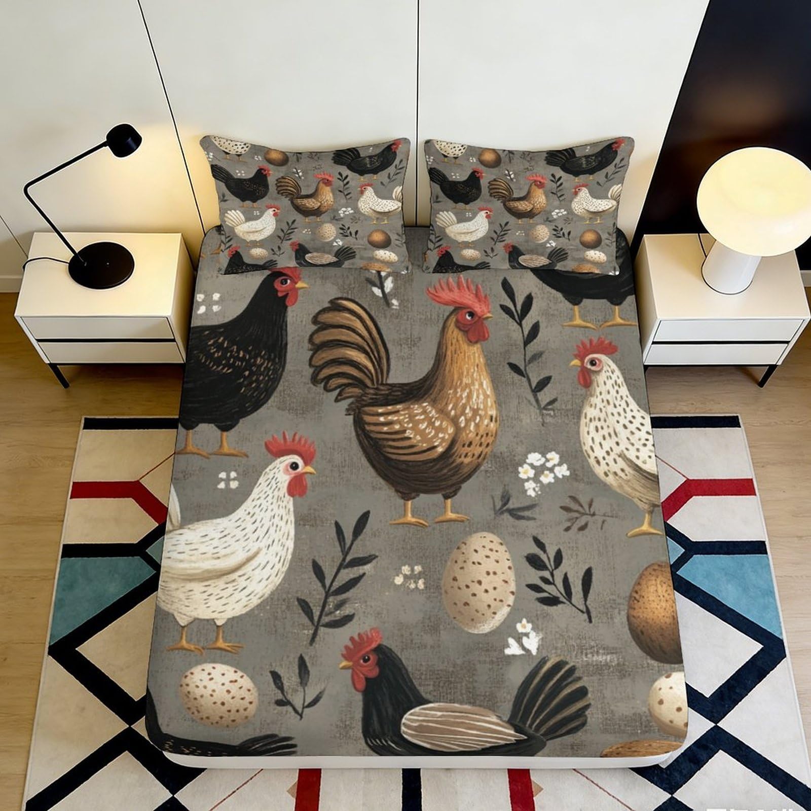 3D Printed Chicken Rooster Fitted Sheet Microfiber Soft Egg Pattern Bed Sheet for Bedroom Guest Room Easy Care 90x200x25cm