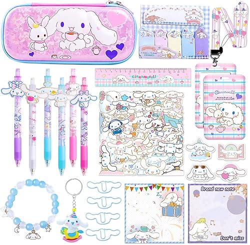 Juego de regalo de papelería de material escolar lindo de dibujos animados, incluye bolígrafos de gel, estuche de lápices, calcomanías, pines,