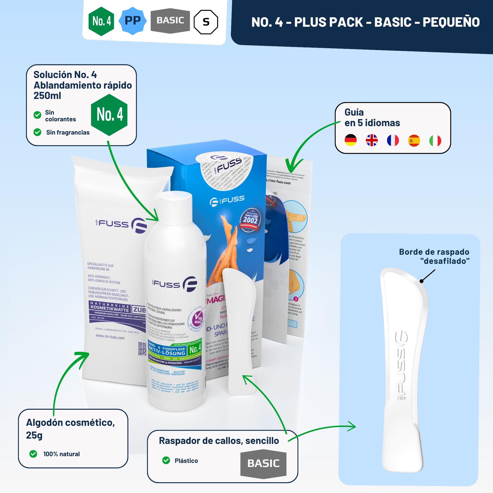 Mr. Fuss Solución Removedor de Durezas - Elimina Fácilmente Callos - Suave y Rápido - 250ml No. 4 en el Paquete Plus. Set de Pedicura sin Frotar con Efecto Inmediato.