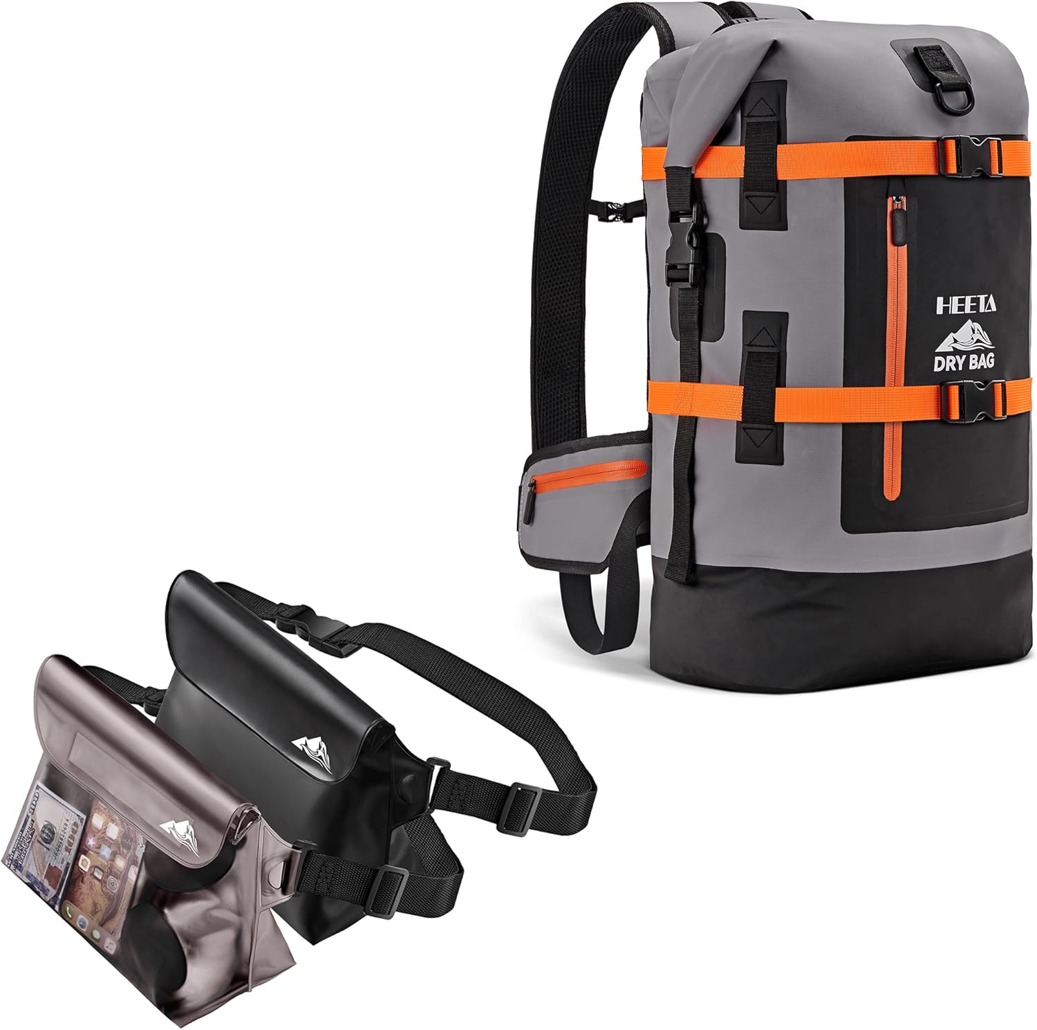 HEETA 2-Pack Waterproof Pouch with Waist Strap (Black & Grey) Bundled with Waterproof Dry Bags Backpack (Black 40L)