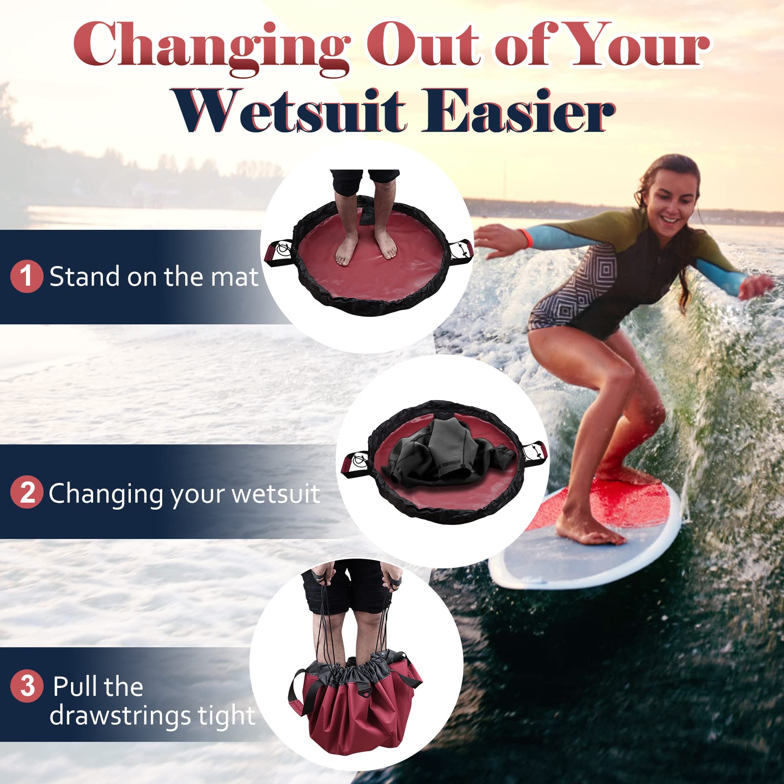 Grand tapis à langer portable avec sac étanche avec bandoulière et poignée pour le surf, la piscine, la plongée et les sports nautiques en plein air - Rouge