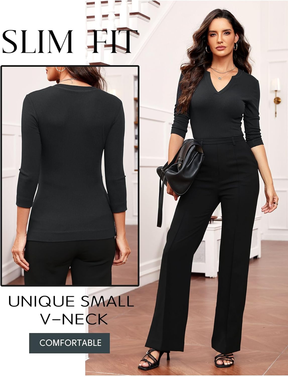 Prettywear Women 3/4 Length Sleeve Shirts V Neck Fitted Business Casual Work Tops 2025 Elegant Ribbed Tunic Blouses - Image 5