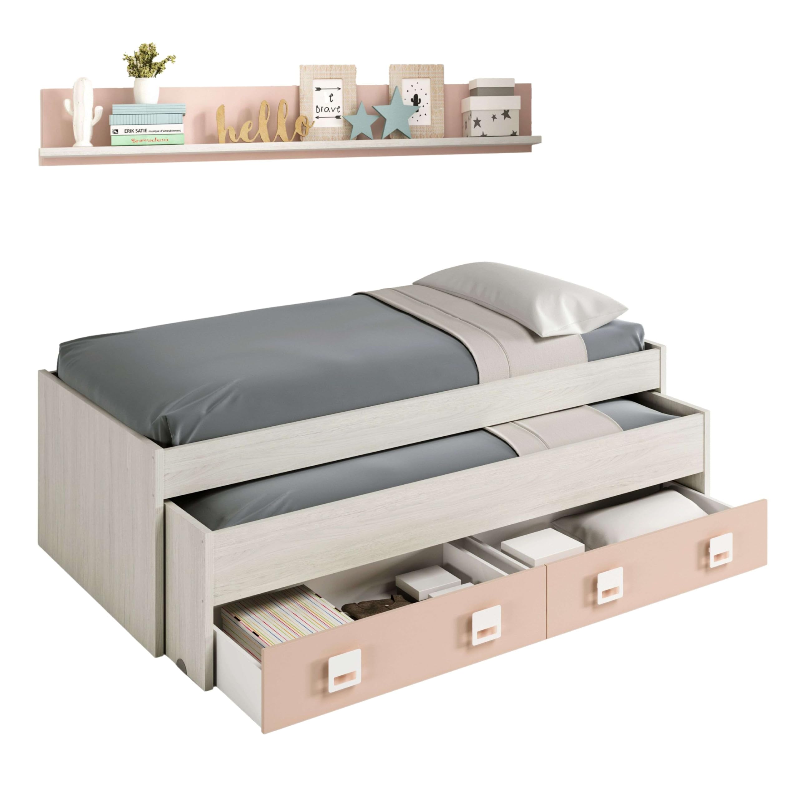 Habitdesign – Cama Doble Juvenil con 2 Cajones y Estante, Cama Nido Infantil, Color Blanco Alpes y Rosa Pastel, 199x96x69 cm – Modelo Nube