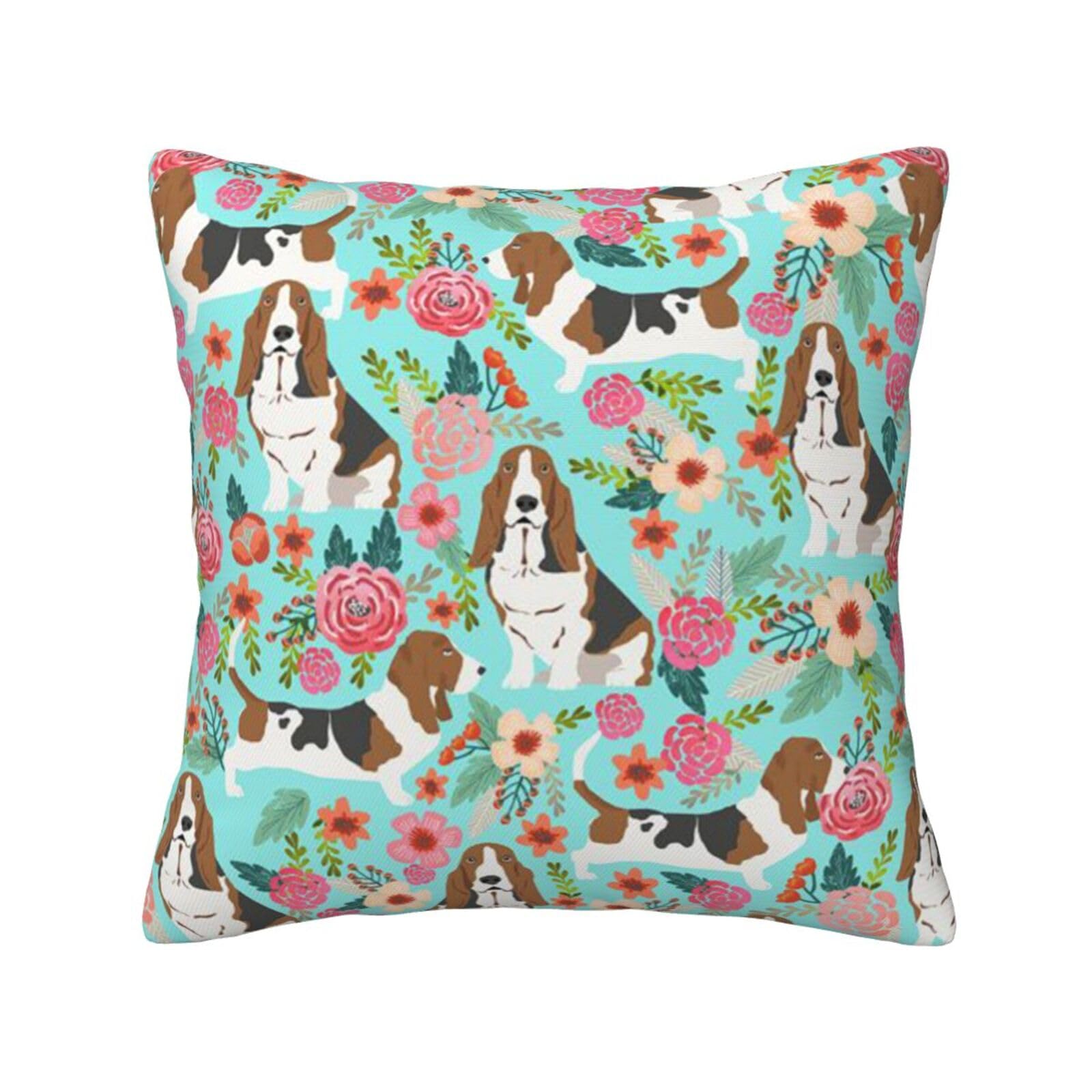 FFSHKOWE Sweet Basset Hound Florals Decorative Throw Pillow Cover Double-Sided Printed Cushion Cover for Sofa Couch Bed Chair 50 x 50cm